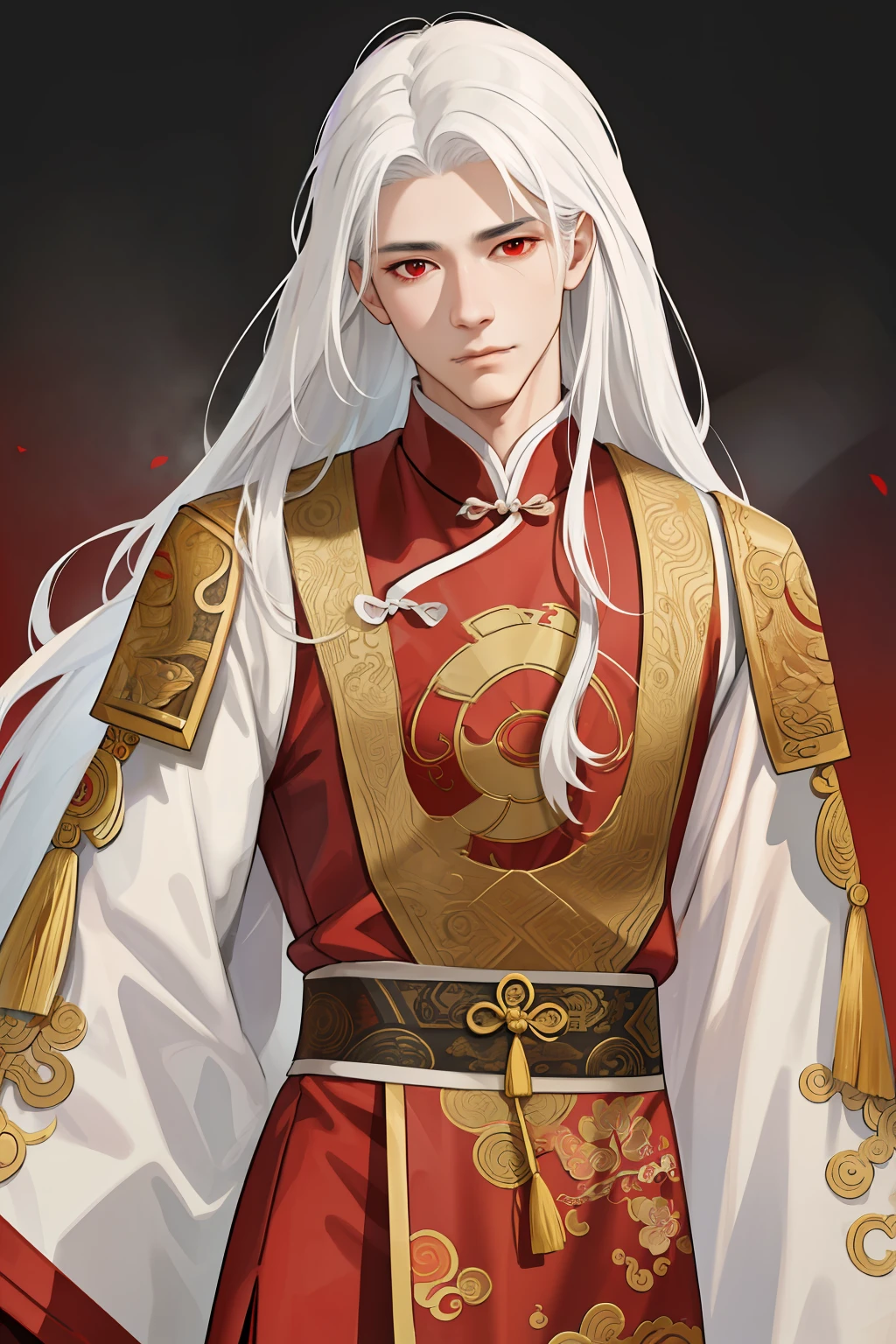 nsfw, masterpiece, best quality, ultra-detailed, semi-realistic, detailed facial features, 1boy, white hair, long hair, red eyes, wearing a detailed and intricate xianxia ancient clothes