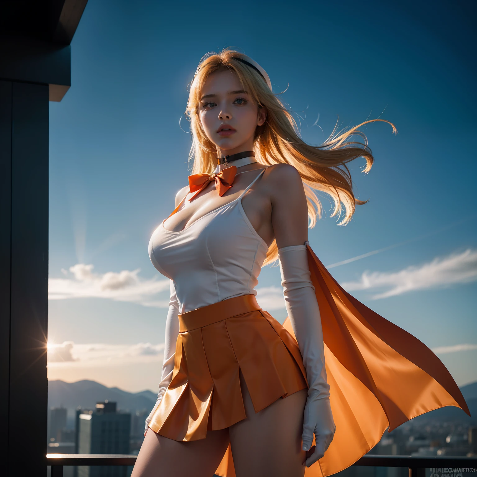 by artist Aliza Razell:0.7), in city,Surreal, split diopter, cinematic Film still from, Shameful,1girll, Solo, SV1, Sailor senshi uniform, Orange skirt, Elbow gloves, head gear, Orange sailor collar, blond hairbl,Red bow, Orange choker, White gloves, hand on hips,jewelry,Orange high heels,view the viewer,standing, Absolute field,Expose legs,dramatic lights,From below,full bodyesbian, Intricate, High detail, Sharp focus, Dramatic, Beautiful girl , (RAW photo, 8K Ultra HD, filmgrain), Caustics, Subsurface scattering, pondering ,Beautiful long legs,Beautiful body,Beautiful nose,Beautiful character design, Perfect eyes, Perfect face, offcial art,Extremely detailed Cg Unity 8K wallpapers, Perfect lighting,Colorful, Bright_Front_face_lighting, 超A high resolution,4K,Ultra-detailed, Photography, 8K, hdr, A high resolution, absurderes:1.2, Kodak Portra 400, filmgrain, The background is blurred out, Bokeh:1.2, Lens flare,(big breasts exposed cleavage)
