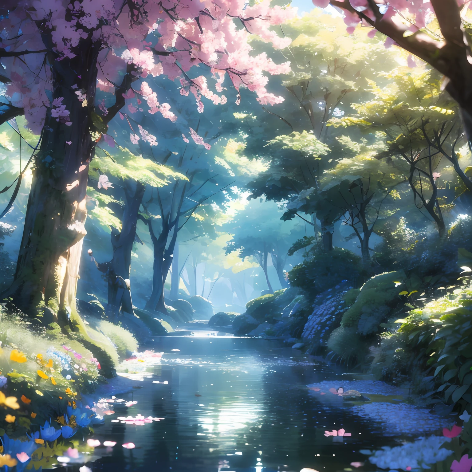 Shinkai sincerely,The dense forest is nature's green treasure,The trees are tall and tall,Form a lush canopy。The forest is filled with fresh air and fragrant floral scents。In a sea of flowers,Various flowers compete to bloom,Like a rainbow shining on the earth。Their petals are soft and colorful,Attract butterflies and bees who are busy collecting honey。8K,best qualtiy,donald duck,mario,Storytelling images,tmasterpiece,Dramaticlight,