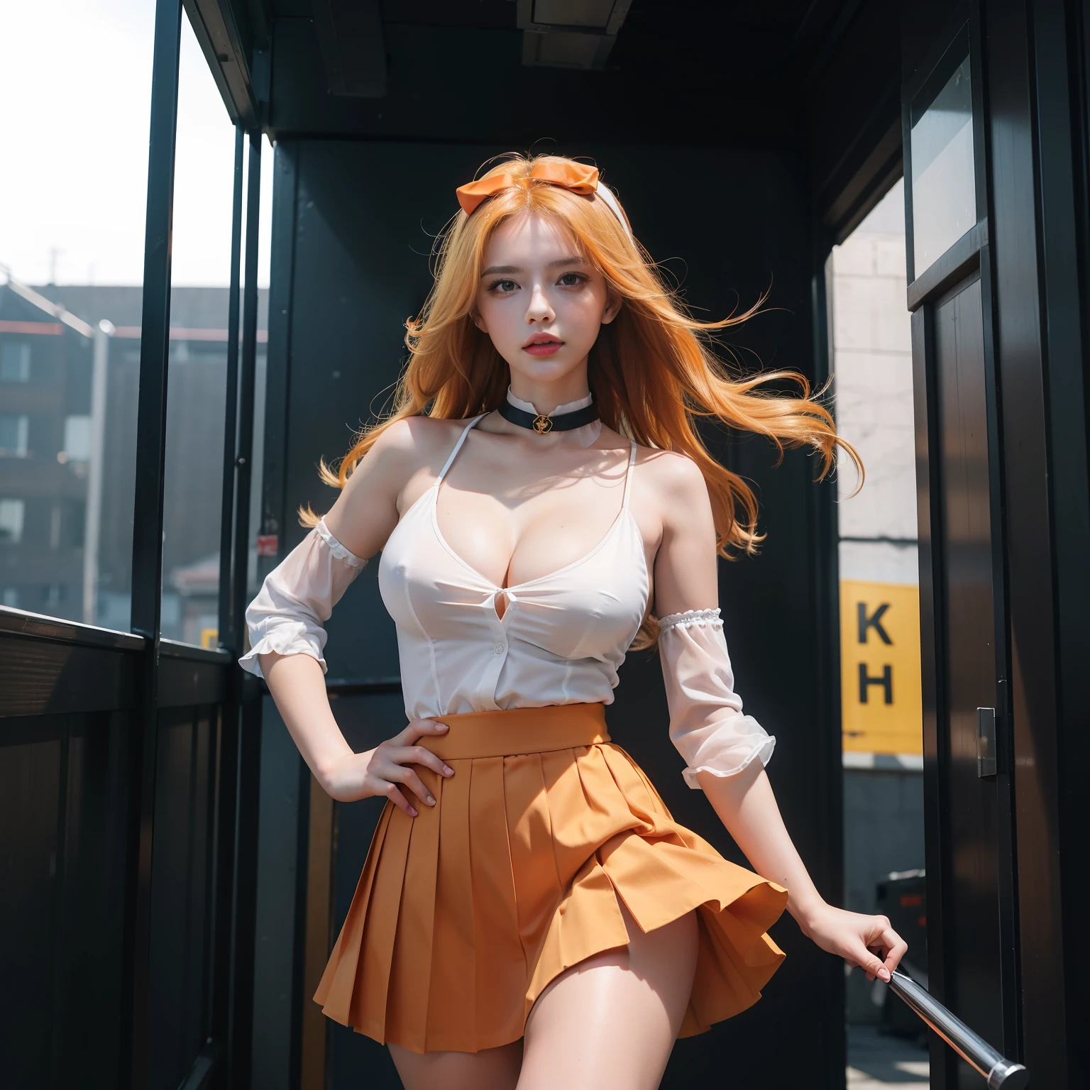 by artist Aliza Razell:0.7), in city,Surreal, split diopter, cinematic Film still from, Shameful,1girll, Solo, SV1, Sailor senshi uniform, Orange skirt, Elbow gloves, head gear, Orange sailor collar, blond hairbl,Red bow, Orange choker, White gloves, hand on hips,jewelry,Orange high heels,view the viewer,standing, Absolute field,Expose legs,dramatic lights,From below,full bodyesbian, Intricate, High detail, Sharp focus, Dramatic, Beautiful girl , (RAW photo, 8K Ultra HD, filmgrain), Caustics, Subsurface scattering, pondering ,Beautiful long legs,Beautiful body,Beautiful nose,Beautiful character design, Perfect eyes, Perfect face, offcial art,Extremely detailed Cg Unity 8K wallpapers, Perfect lighting,Colorful, Bright_Front_face_lighting, 超A high resolution,4K,Ultra-detailed, Photography, 8K, hdr, A high resolution, absurderes:1.2, Kodak Portra 400, filmgrain, The background is blurred out, Bokeh:1.2, Lens flare,(big breasts exposed cleavage)