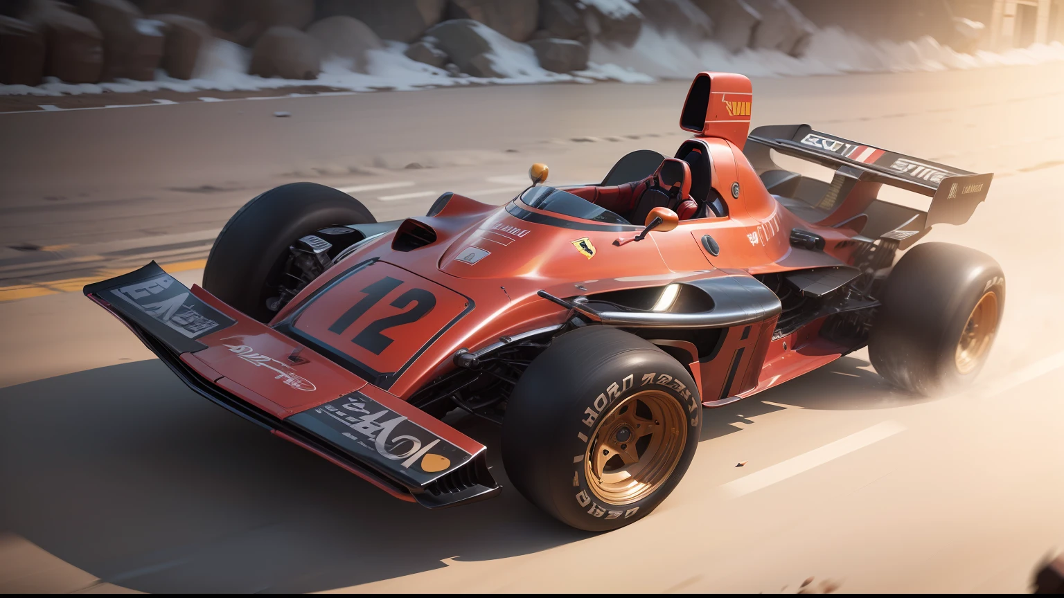 Necessidade de velocidade, FERRARI VERMELHA LUSTROSA 312 B3, correndo pela rua molhada, quase, hyper realistic, motion blur, blurry background, altamente detalhado, divine proportion, (((Enquadrado))), perfect composition, perfect lighting, octan render, 32k, Artistic photography, trending on ArtStation, foco nítido, Studio photo, detalhes intrincados, altamente detalhado, Directed by: Greg Rutkowski