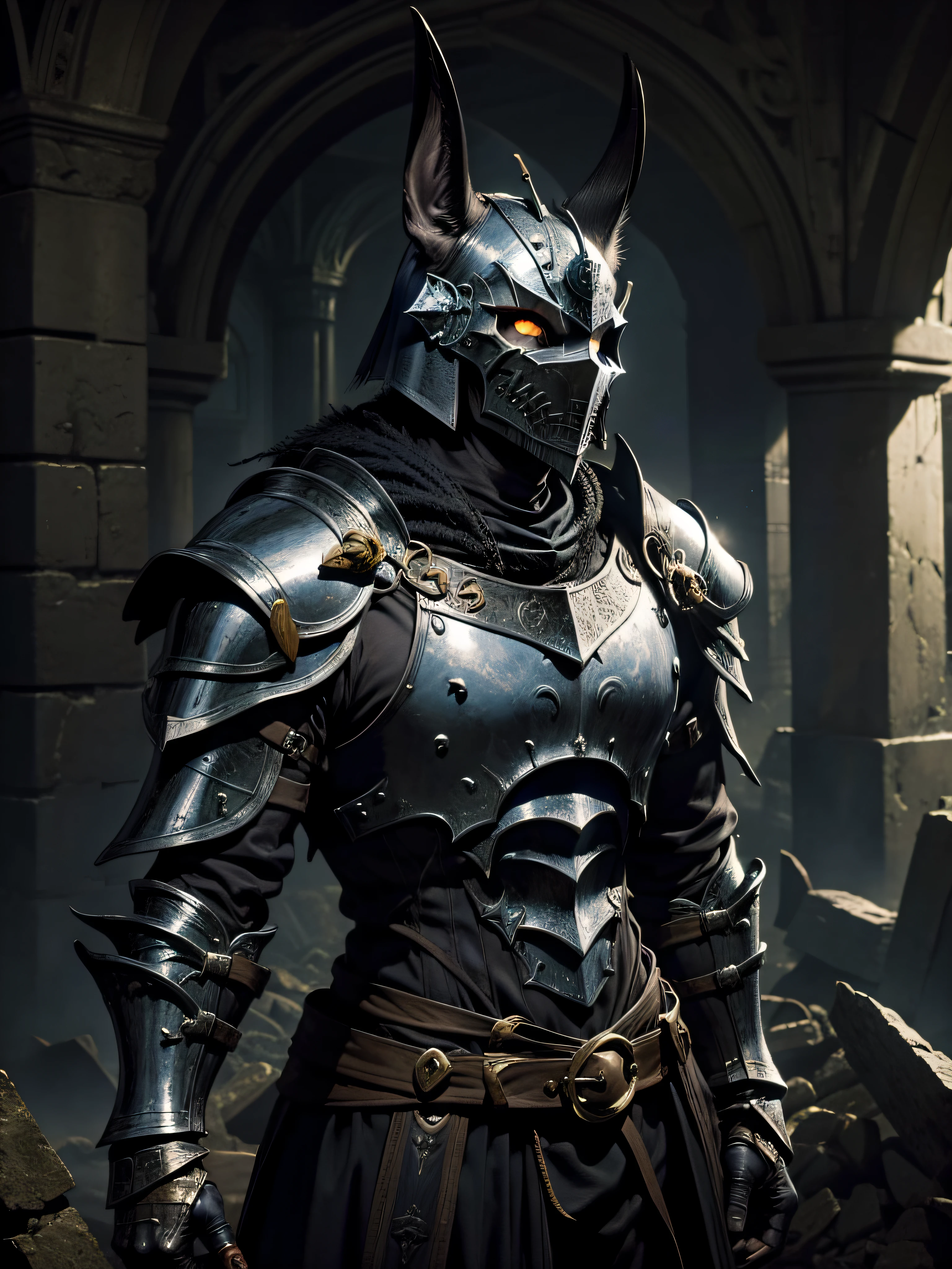 A Dark Souls character in a dungeon he is wearing an Anubis Dark Souls armor style armor