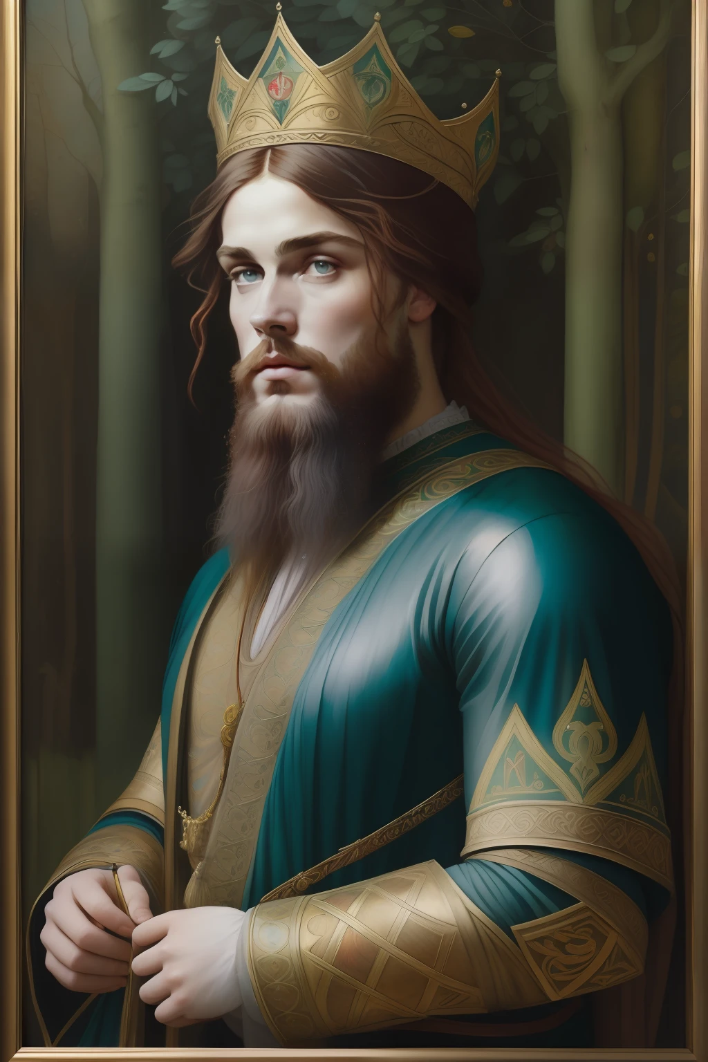 "(((Pre-Raphaelite painting))), Rei celta, Rei Artur, barba ruiva, figura masculina, roupas vermelha e dourada, Celtic symbols, crown on her head, grande carvalho, carvalho gigante, folhas, Floresta encantada"
