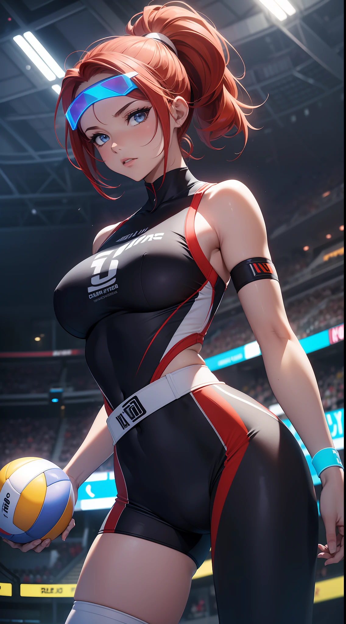 (masterpiece, best quality, ultra HD, 8k, wallpaper), cinematic feel, full body view, confident female volleyball player, red hair, perfect body, perfect anatomy, curvaceous, alluring, nice hands, perfect eyes, detailed eyes, large breasts, long round legs, round ass, high-tech Costume, (holding ball on waist), in high-tech Arena. sleek, high-tech headband, transparent visor, fitted sports top, high-tech arm bracers, holographic design, form-fitting shorts, high-tech kneepads, responsive volleyball shoes, awe-inspiring, grandiose volleyball arena, neon lights, holographic displays, diverse spectators, humanoid robots, specially engineered court. stands tall, dominates game, shows strength, holds ball, wears futuristic gear, glows with vibrant visor