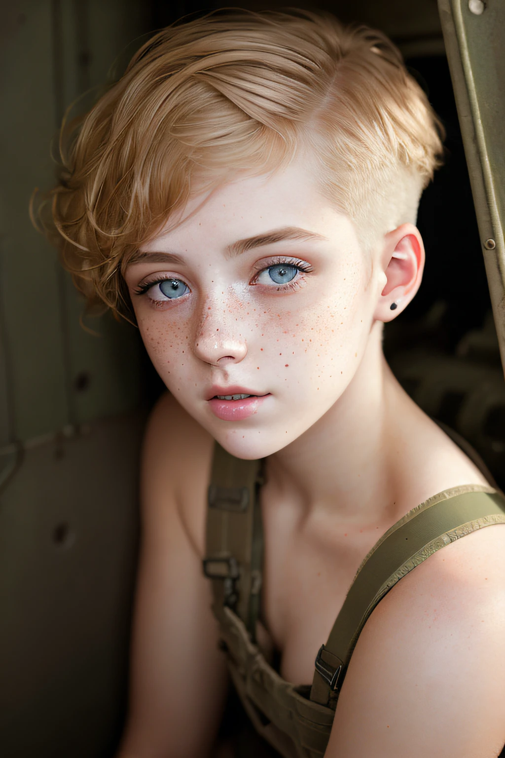 Highest quality, (dramatic lighting:0.7), masterpiece, high angle shot, RAW photo of (pale 21 year old woman with short hair, looking up at the viewer), cute, (wearing Tattered combat fatigues, Disheveled), (sitting inside a tank), portrait, perfect face, alluring eyes, vivid detail, (highly detailed skin), freckles, sfw, (blue tint:0.6), (dirty:0.8), (bloody:0.7), key lighting, (backlighting:0.5), medium depth of field, photographed on a Canon 5D, 50mm lens, F/4 aperture, (hyperdetailed, intricate details), sharp focus, muted colors, 8k, absurdres, 8mm film grain, war photography