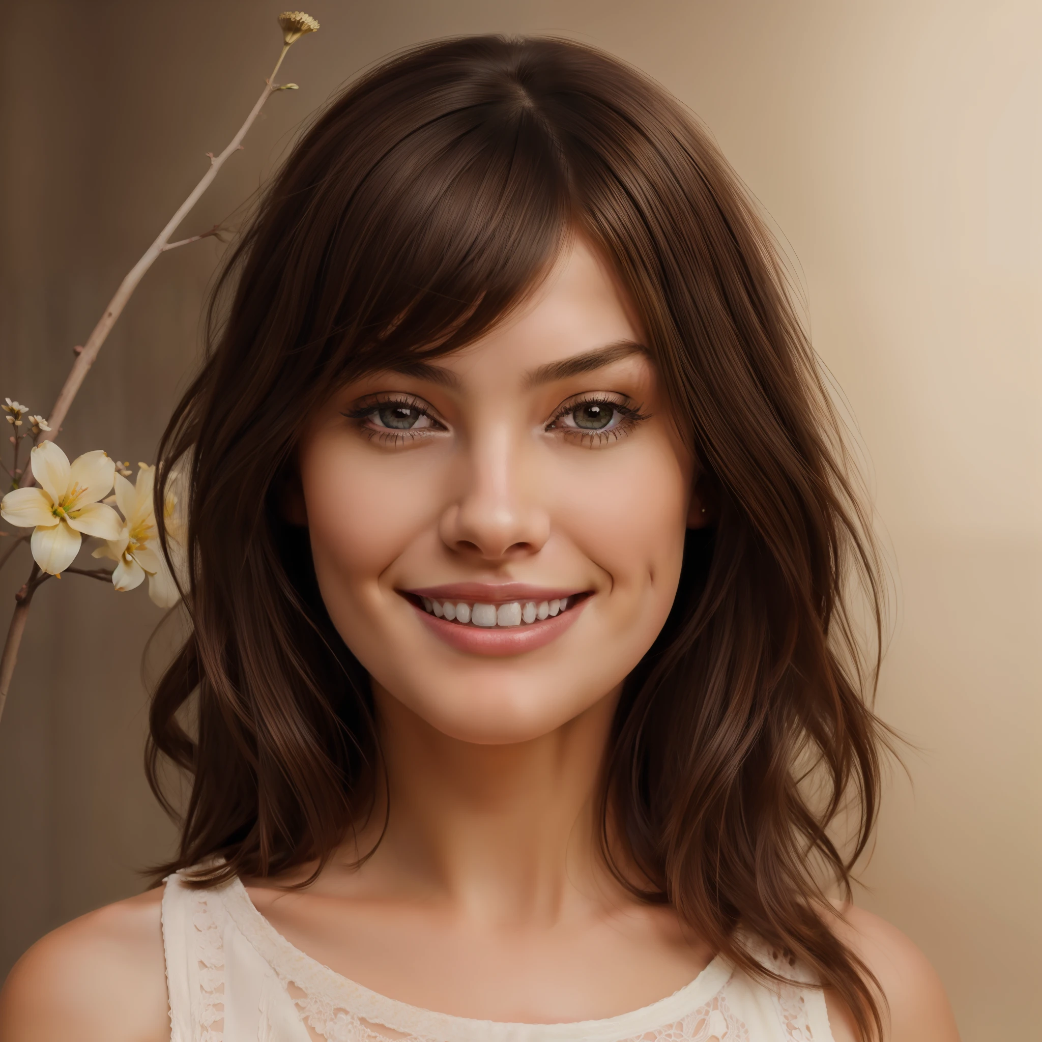 painting of a beautiful brunette young woman smiling, Highly detailed digital art in 4k, Detailed painting 4K,
