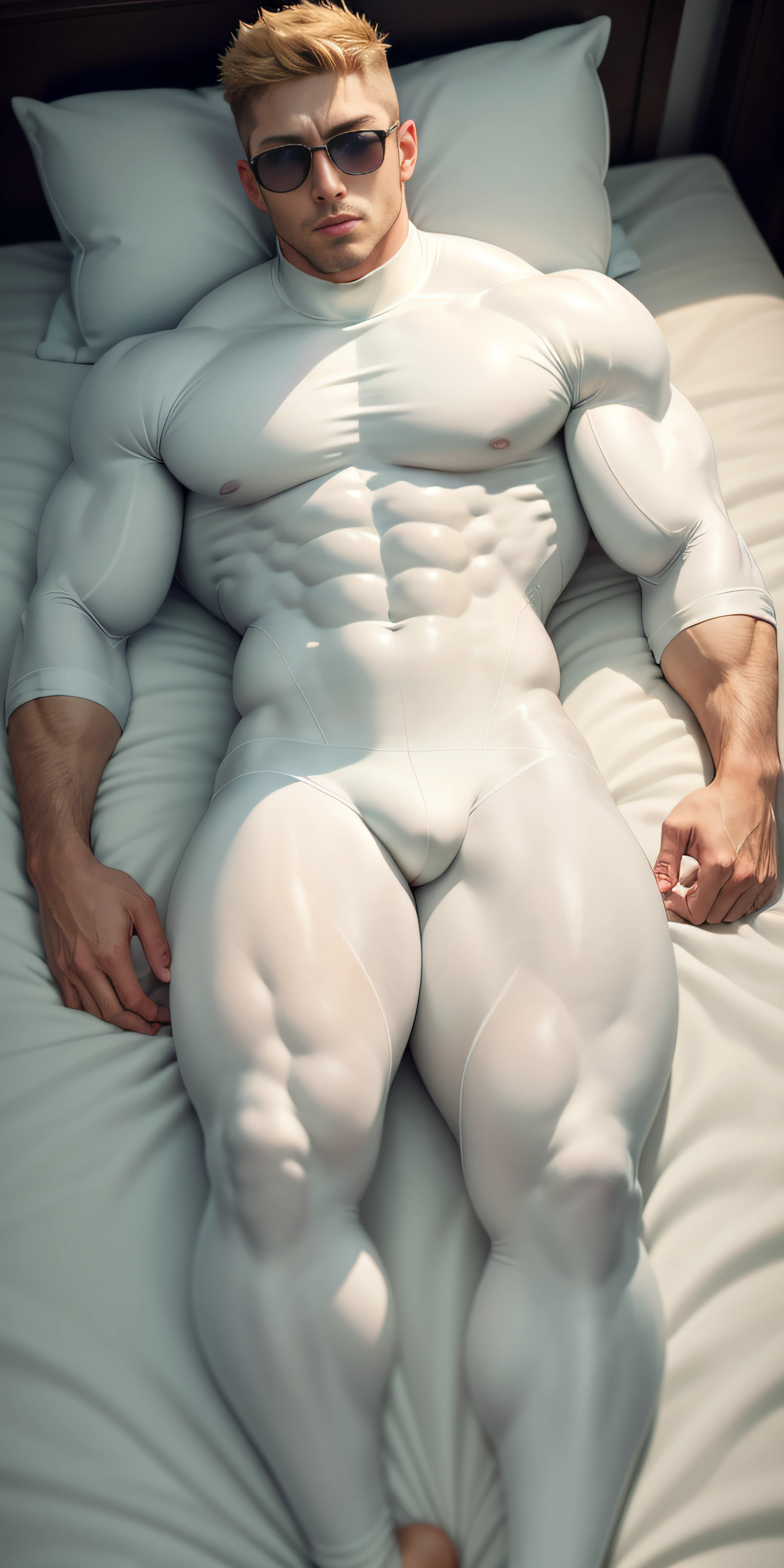 1 muscular man wrapped in rice milk cream turtleneck Slime，Sleep on a large white Slime bed，There are plenty of white Slime bubbles on the bed，wears dark glasses，Open-mouthed，Buzz Cut，Tall and burly，musculous！Tall, burly, and strong， Sneak suit，Symmetrical yellow-red stripe texture design，Thickened warm tights， Sexy thick legs，super gain and cool， commission for high resolution， character  design（Jensen Ackles），Rough big feet，White cotton socks，Attractive strong men，Warm and soft lights shone on the body
