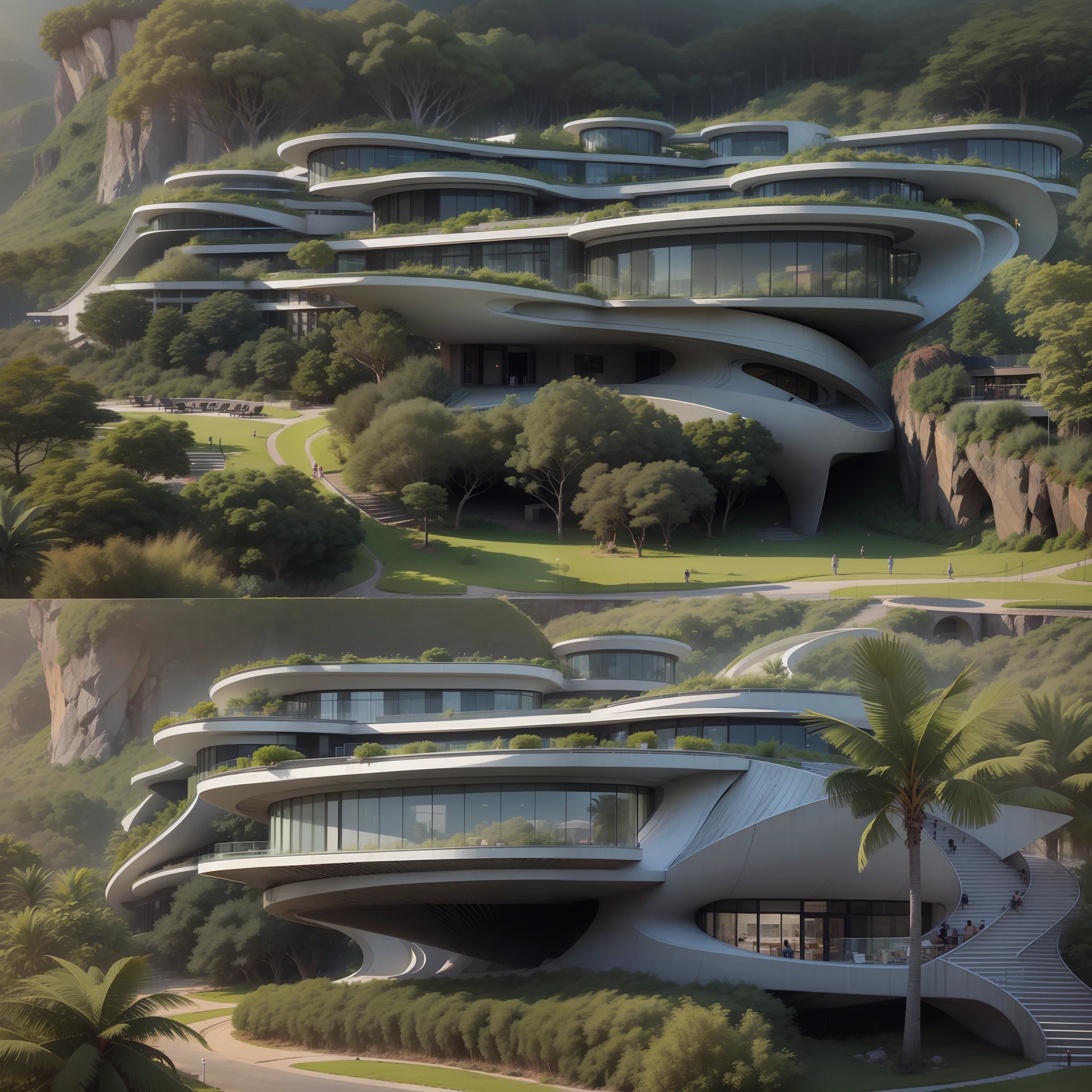 Grande hotel, Arquitetura futurista, building in the background, Architecture of a dark gray concrete building, madeira e vidro, Building with large lawn on the beach, Arquitetura moderna, grande piscina em frente ao hotel, restaurante interior com grandes fachadas em vidro, grandes candeeiros no interior, lots of vegetation around, hotel com 120 quartos, Arquitetura moderna, organic architecture, Geometria luxuosa, hiper-realista, Fantastic 8K architecture, UHD — AR 16: