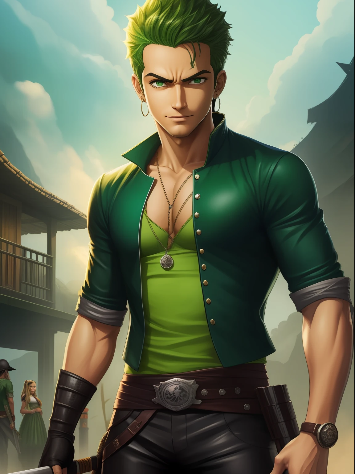de 12 anono, tem uma cicatriz no olho esquerdo, cara de mau, Wicked smile, cabelo curto e espetado na cor verde, blusa branca estilo de pirata , black pant, faixa verde em volta da cintura, ele tem duas espadas, bota preta, super realista, parecido com Zoro de One Piace, The setting is a battlefield