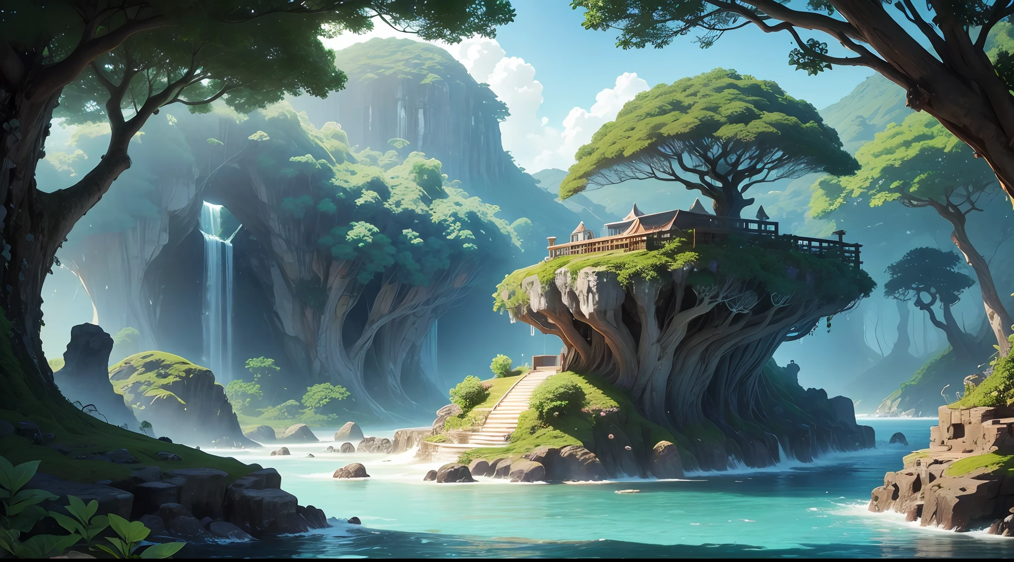 beautiful island in middle of the sea, high detailed photo, photo realistic, beautiful water fall, fairy bathtub, communal house, banyan tree