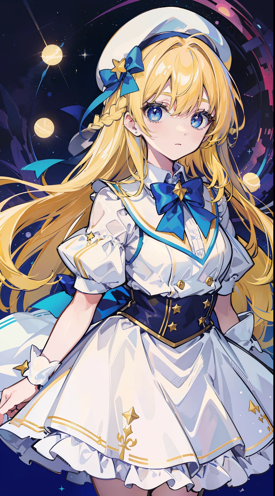 Yellow-haired,white dresses,eBlue eyes,star accessories,Blue bow tie,white beret(It has a blue bow on it),starryskybackground,meteors,4K