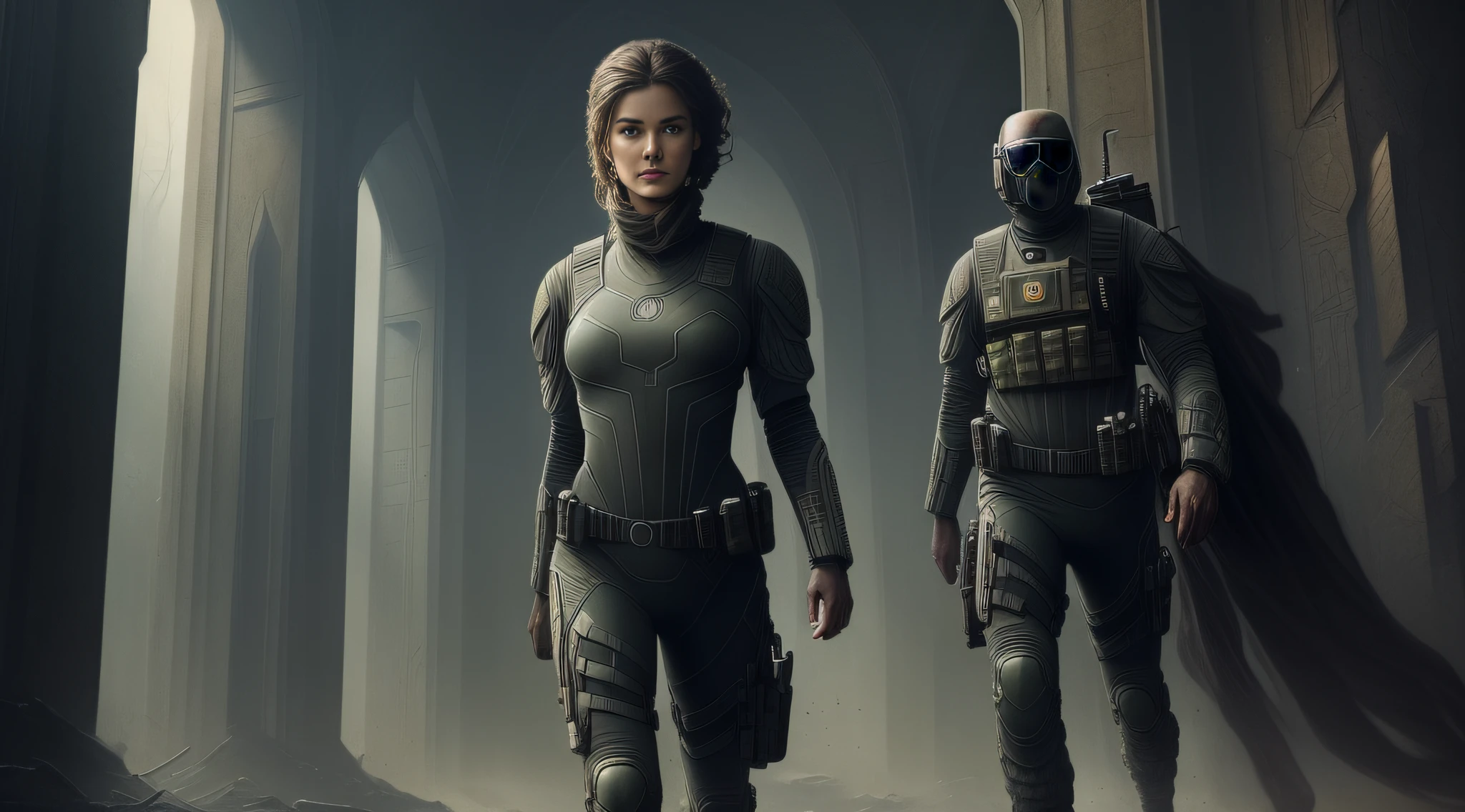 (perfect full body high Portrait female soldier. ((Dressed in a camouflage uniform and gray special forces suit with a bulletproof vest)) A sporty woman with long brown hair on the back of her other soldiers. vibrant, realistic, stunning realistic photograph, 3d render, octane render, intricately detailed, cinematic, trending on artstation, perfect eyes. Isometric, Centered hipereallistic cover photo, awesome full color, hand drawn, dark, gritty, mucha, klimt, erte 12k, high definition, cinematic, neoprene, behance contest winner, portrait featured on unsplash, stylized digital art, smooth, ultra high definition, 8k, unreal engine 5, ultra sharp focus, intricate artwork masterpiece, ominous, TanvirTamim, trending on artstation, by artgerm, h. r. giger and beksinski, highly detailed, full body