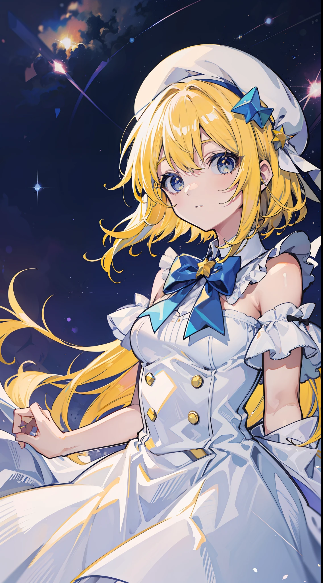 Yellow-haired,white dresses,eBlue eyes,star accessories,Blue bow tie,white beret(It has a blue bow on it),starryskybackground,meteors,4K