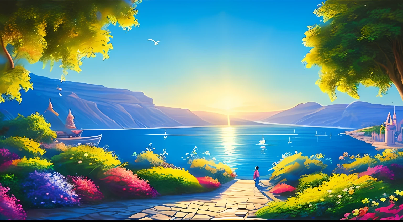 Quality of original art, sea of Galilee, sunny day, Disney animation style, blue backlight, translucent, with light as theme, the focus of the light is on the characters, the overall picture is fresh and bright.