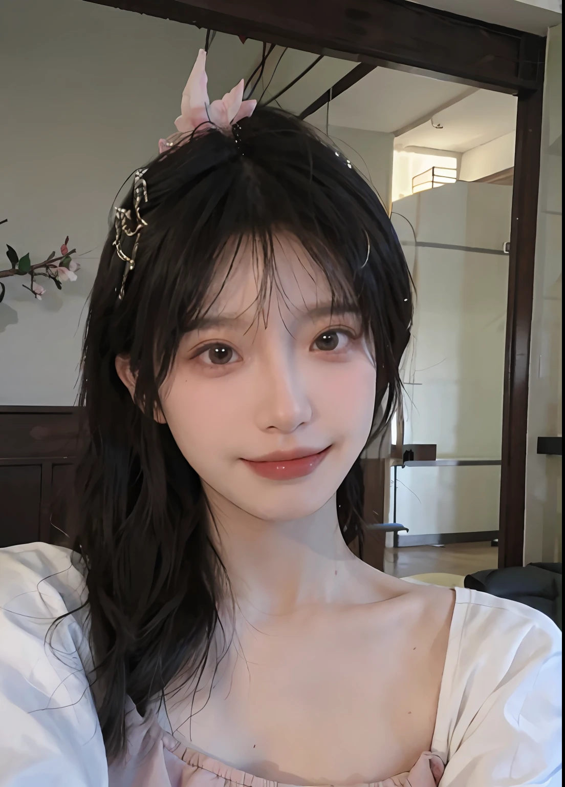 best qualtiy， 超高分辨率， （realisticlying：1.4）， one-girl， A pair of clear and moving peach blossom eyes,Royal Sister，（full bodyesbian：1.2）a sense of atmosphere，a beauty girl， ssmile，（huge tit：1.2）， looking at viewert， closeup cleavage ，Home，