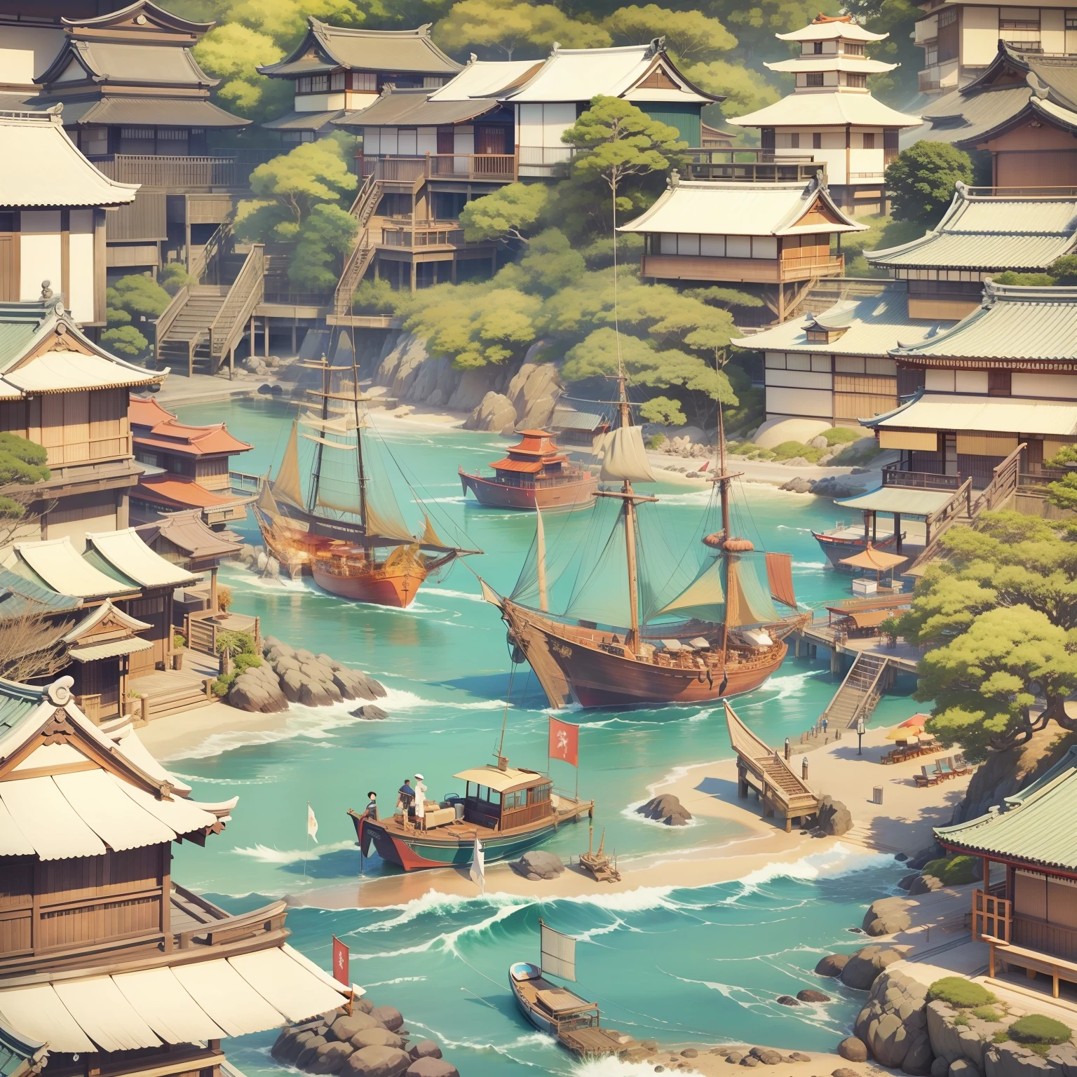 Traditional japanese port, vacation resort, sunny, white beaches