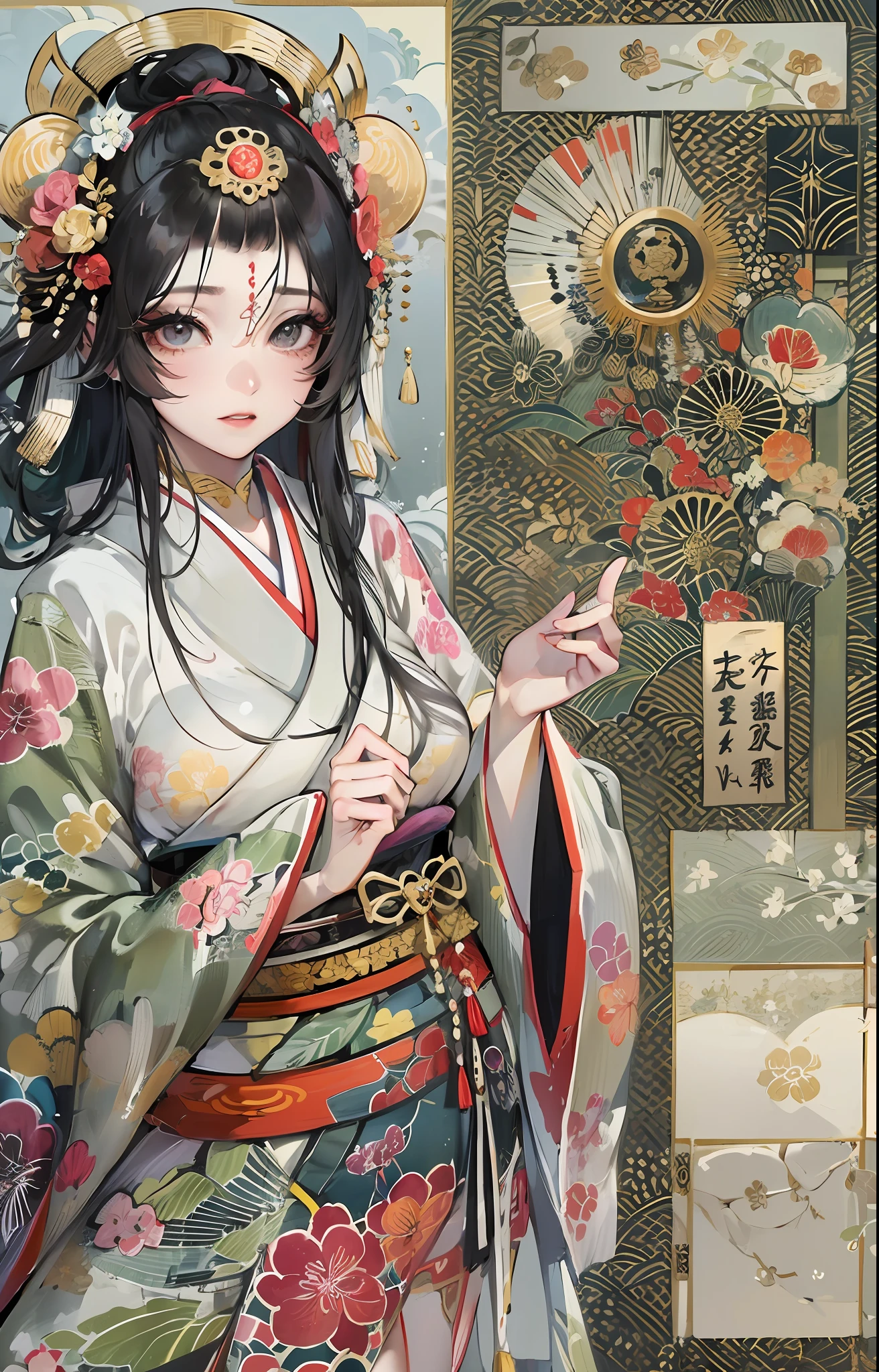 Amaterasu, Goddess of the sun, Sun incarnation,The supreme god of Japan,Ruler of Takamagahara, The apotheosis of the sun,Ancestor of the Emperor of Japan,The supreme god of Shinto in Japan,Incarnation of the sun,The background is a Shinto temple in Japan,((Large breasts)), (Married Woman),apathy,Extremely majestic,Intimidating,Pitch-black eyes,Japanese makeup,kneeling to sitting on the ground,Create a splendid atmosphere,full of lights,White skin of the, Long black hair,Sun tattoo on the chest,mother with big breasts,(Extremely gorgeous kimono),clogs,white legwear,with perfect legs,Japanese kabuki costume,Gorgeous belt,Hairpin,(A wide range of luxury Japanese accessories),Perfect flesh full of texture, , Scorching rendering, jaw dropping, Captivating visual treat,((best qualtiy)), ((tmasterpiece)),MAXIMUM DEFINITION,8k wallpaper,offcial art,Many-Layer Textures ,ultra-detailliert, illustratio,(Super detailed face),(s the perfect face), Clear texture, finely detailed textures, Ultra HD detail display, Excellent image performance,High-quality illustrations,Perfect fit and harmonious tones,Deep lines,Precise brushstrokes,Strong sense of three-dimensionality,Delicate wearing feeling,Wonderful color scheme,intricately details