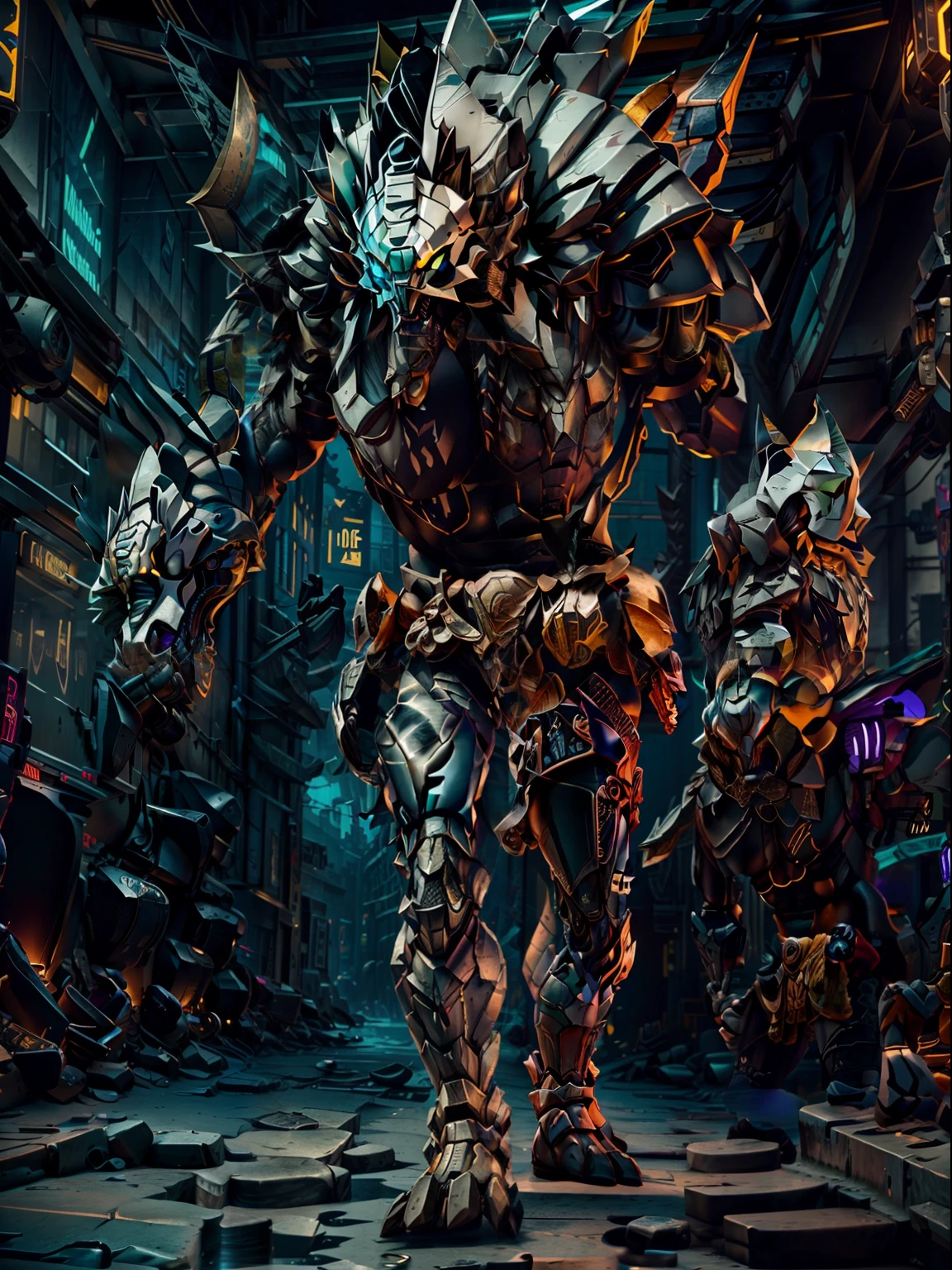(Masterpiece) A shark's mask in antique armor, (fine facial details) pedestrian warrior, weapon in hand, cyberpunk style color scheme, ((intricate detail, super detailed)) 8K.