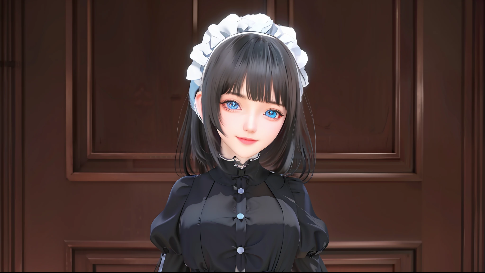 Black color hair,adolable,the maid outfit,Beautuful Women,blue color eyes,eyes blue,offcial art，Unity 8k wallpaper，ultra - detailed，Aesthetics，tmasterpiece，best qualtiy，realisticlying,illuminating，Frankness，photore，A high resolution，4K，8K，Bokeh,Photo level