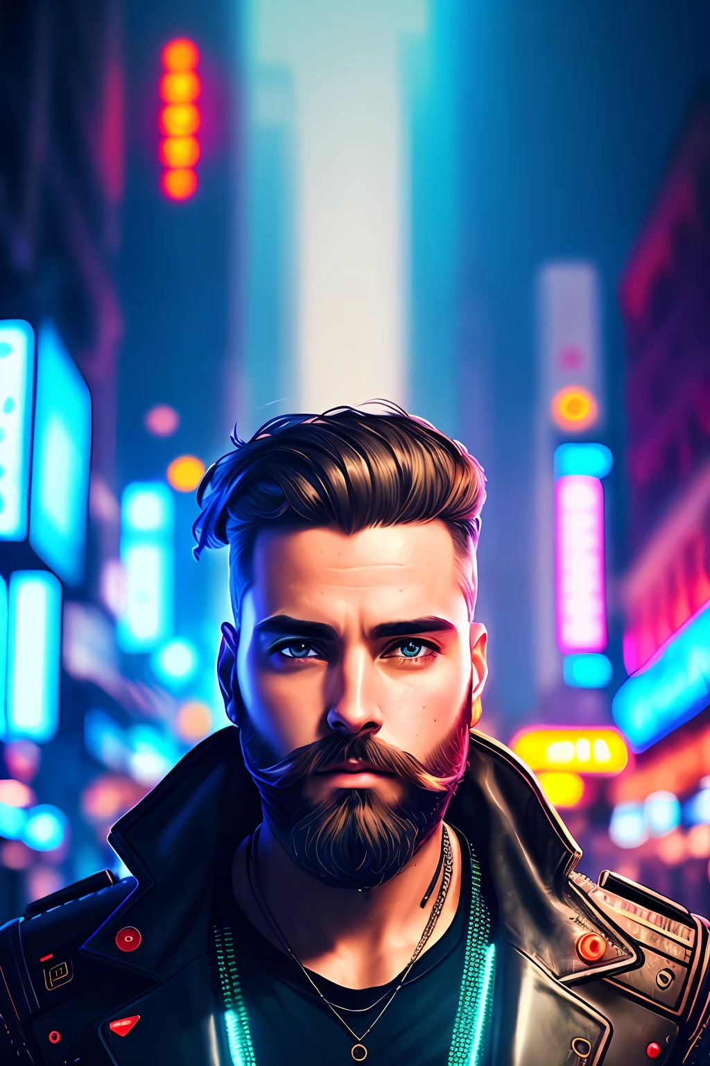 handsome man with beard, masterpiece, best quality, (sci-fi:1.2), street, dof, (cyberpunk:1.15),neon
