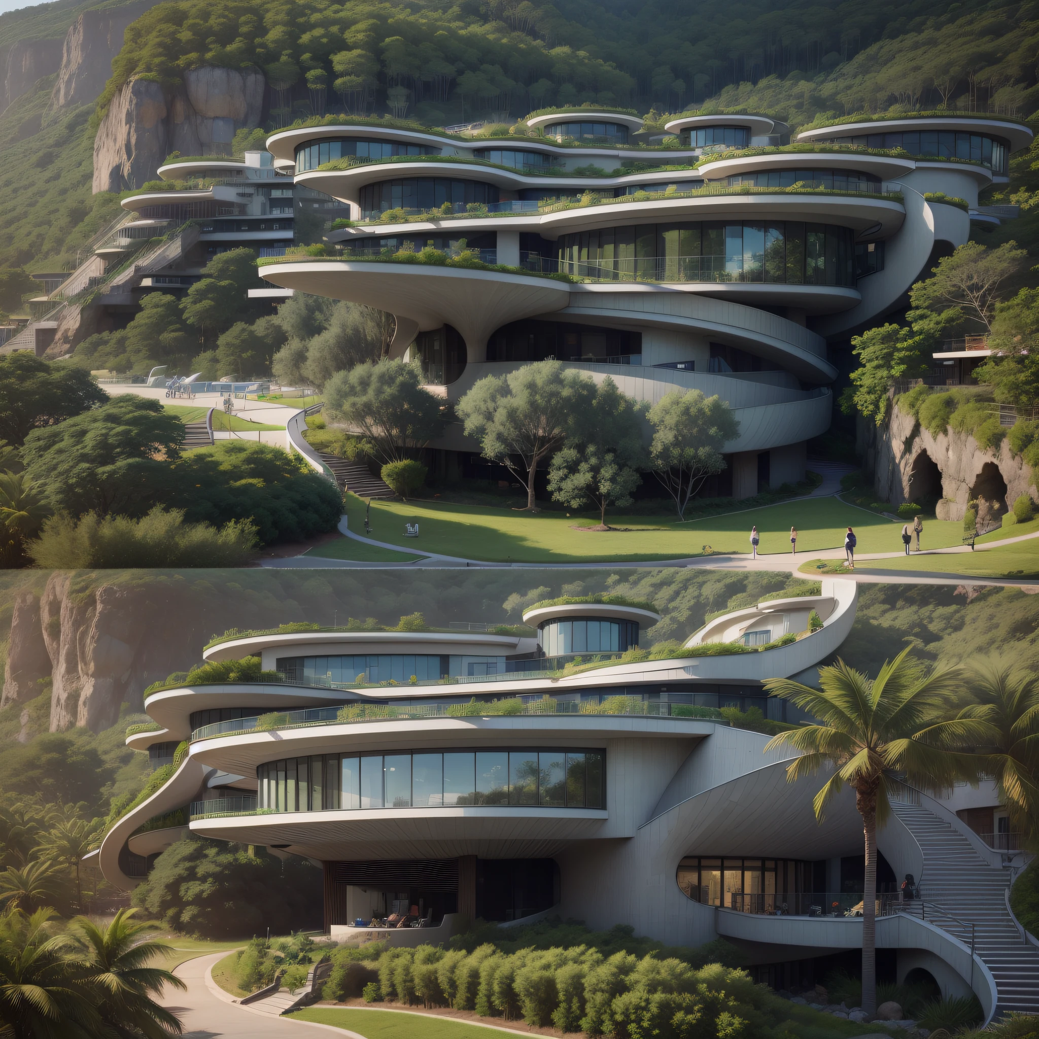 Grande hotel, Arquitetura futurista, building in the background, Architecture of a dark gray concrete building, madeira e vidro, Building with large lawn on the beach, Arquitetura moderna, grande piscina em frente ao hotel, restaurante interior com grandes fachadas em vidro, grandes candeeiros no interior, lots of vegetation around, hotel com 120 quartos, Arquitetura moderna, organic architecture, Geometria luxuosa, hiper-realista, Fantastic 8K architecture, UHD — AR 16: