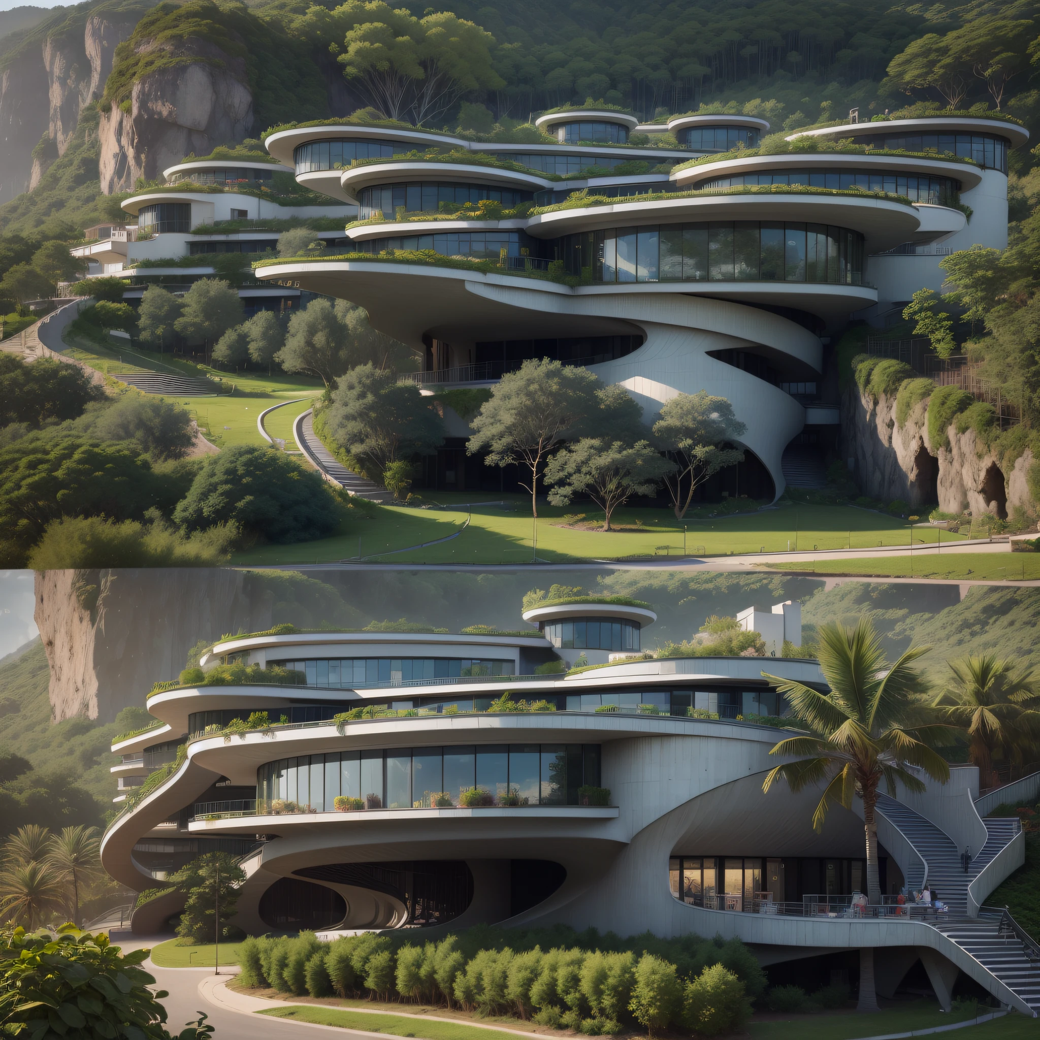 Grande hotel, Arquitetura futurista, building in the background, Architecture of a dark gray concrete building, madeira e vidro, Building with large lawn on the beach, Arquitetura moderna, grande piscina em frente ao hotel, restaurante interior com grandes fachadas em vidro, grandes candeeiros no interior, lots of vegetation around, hotel com 120 quartos, Arquitetura moderna, organic architecture, Geometria luxuosa, hiper-realista, Fantastic 8K architecture, UHD — AR 16: