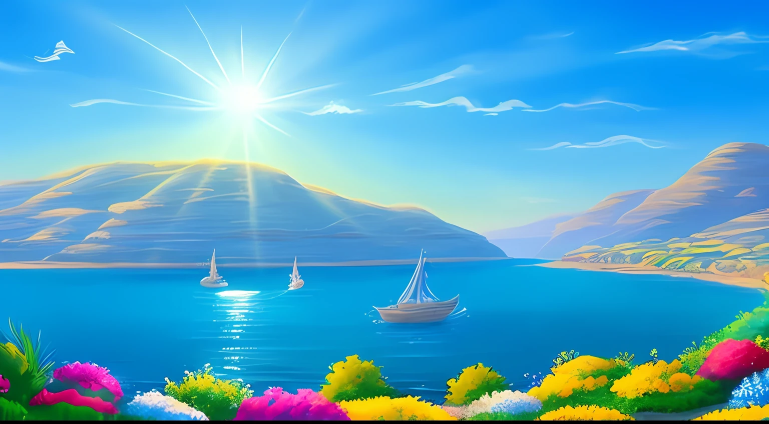 Quality of original art, sea of Galilee, sunny day, Disney animation style, blue backlight, translucent, with light as theme, the focus of the light is on the characters, the overall picture is fresh and bright.