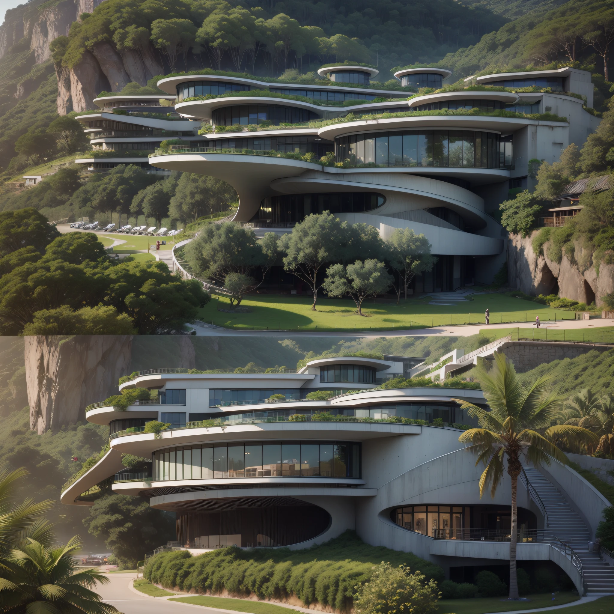 Grande hotel, Arquitetura futurista, building in the background, Architecture of a dark gray concrete building, madeira e vidro, Building with large lawn on the beach, Arquitetura moderna, grande piscina em frente ao hotel, restaurante interior com grandes fachadas em vidro, grandes candeeiros no interior, lots of vegetation around, hotel com 120 quartos, Arquitetura moderna, organic architecture, Geometria luxuosa, hiper-realista, Fantastic 8K architecture, UHD — AR 16: