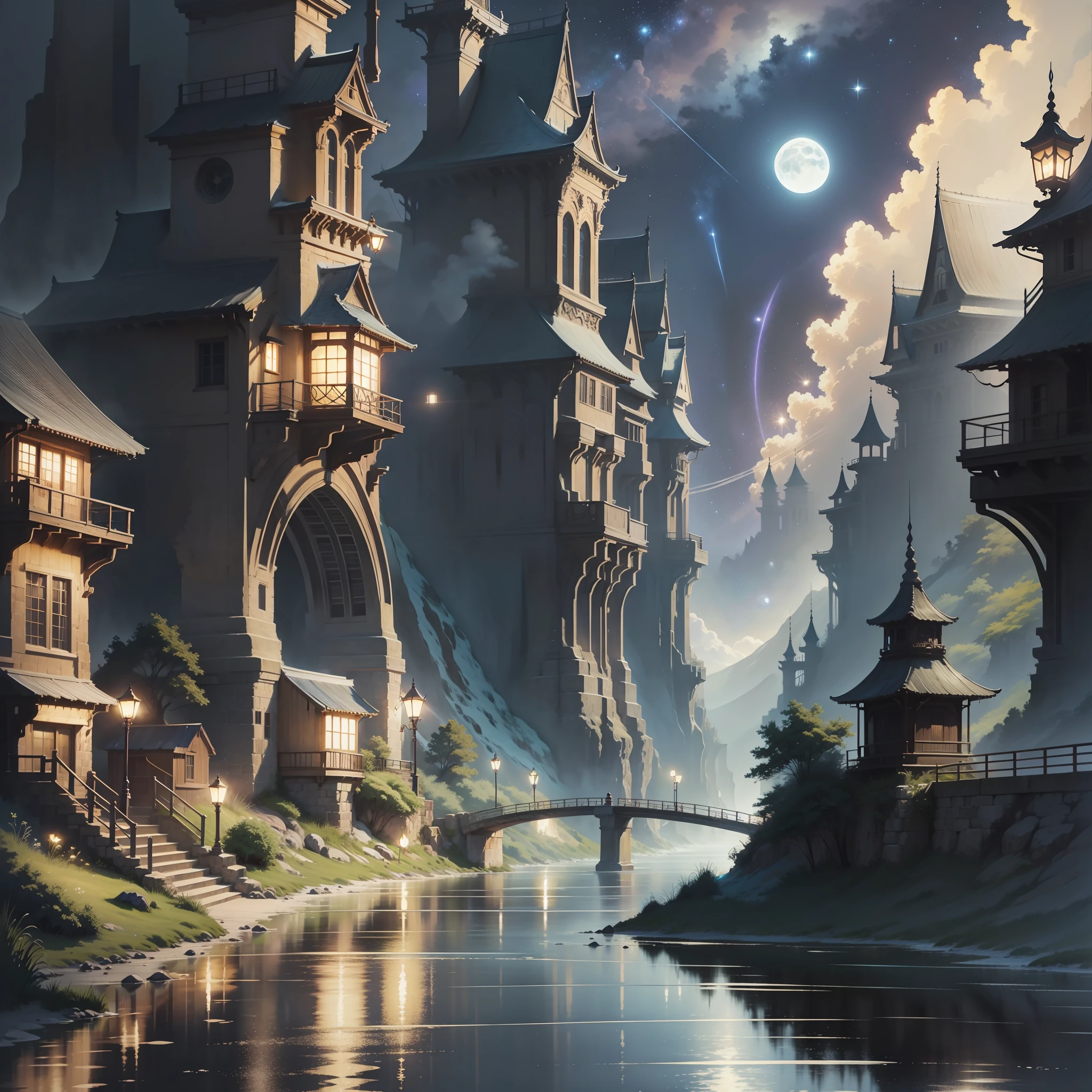 A painting of a river with stars and moon in the sky, concept art inspired by Tosa Mitsuoki, pixiv contest winner, best quality, fantasy art, beautiful anime scene, a bright moon, moonlit starry environment, dream painting, Anime Background Art, Fantasy Landscape Art, Fantasy Night, Anime Background, Background Artwork, Fantastic Art, Atmospheric Anime, Starry Sky, Detail Enhanced.