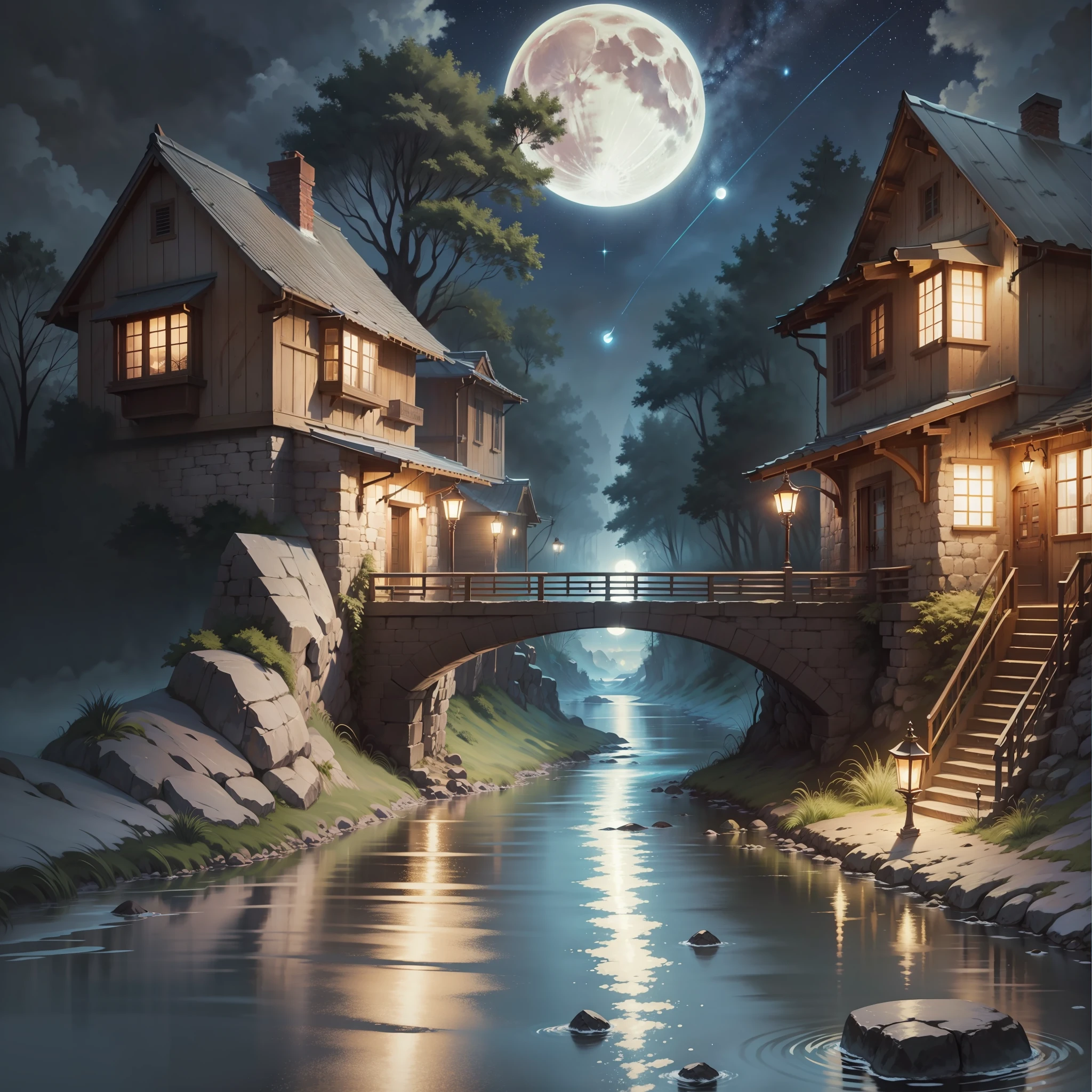 A painting of a river with stars and moon in the sky, concept art inspired by Tosa Mitsuoki, pixiv contest winner, best quality, fantasy art, beautiful anime scene, a bright moon, moonlit starry environment, dream painting, Anime Background Art, Fantasy Landscape Art, Fantasy Night, Anime Background, Background Artwork, Fantastic Art, Atmospheric Anime, Starry Sky, Detail Enhanced.