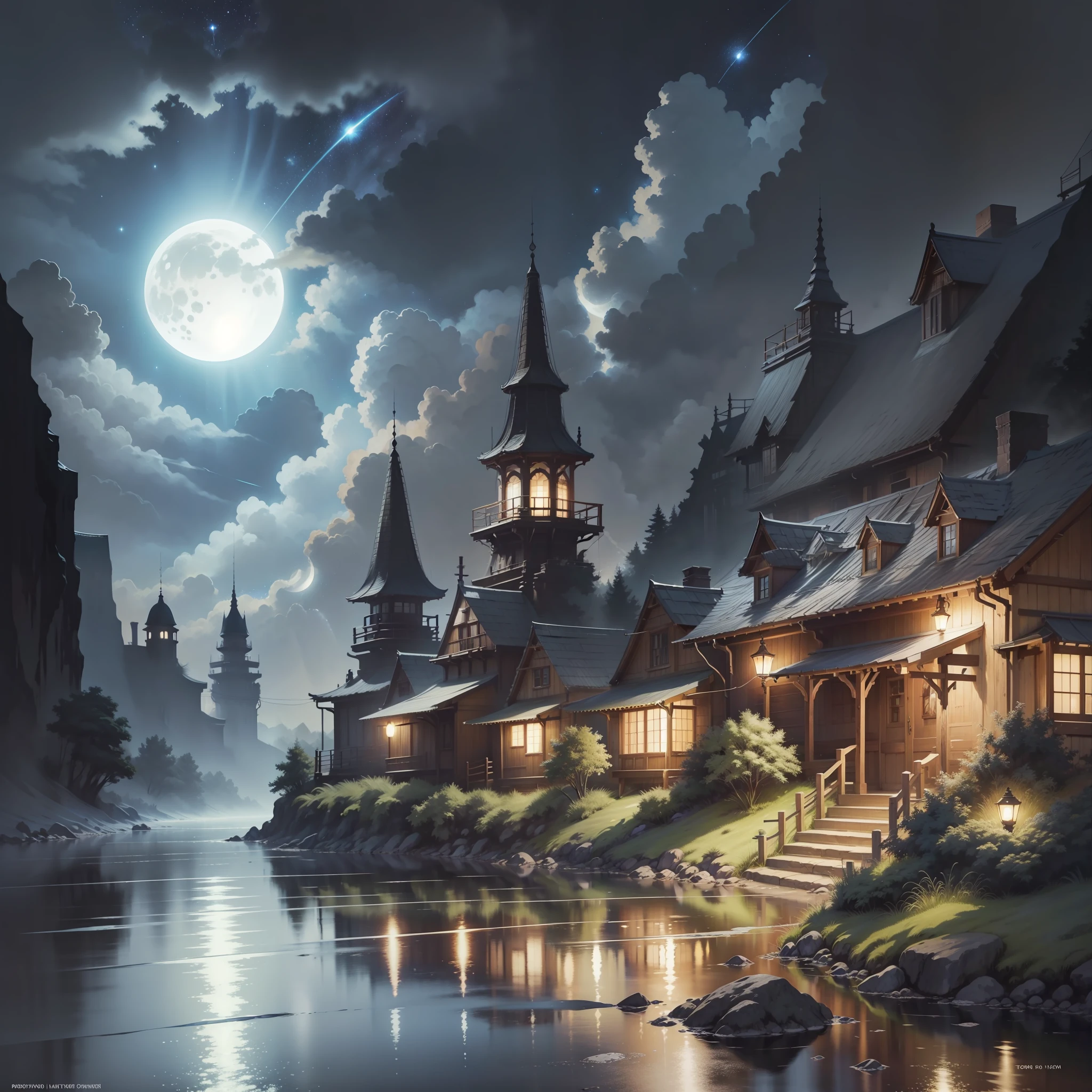 A painting of a river with stars and moon in the sky, concept art inspired by Tosa Mitsuoki, pixiv contest winner, best quality, fantasy art, beautiful anime scene, a bright moon, moonlit starry environment, dream painting, Anime Background Art, Fantasy Landscape Art, Fantasy Night, Anime Background, Background Artwork, Fantastic Art, Atmospheric Anime, Starry Sky, Detail Enhanced.