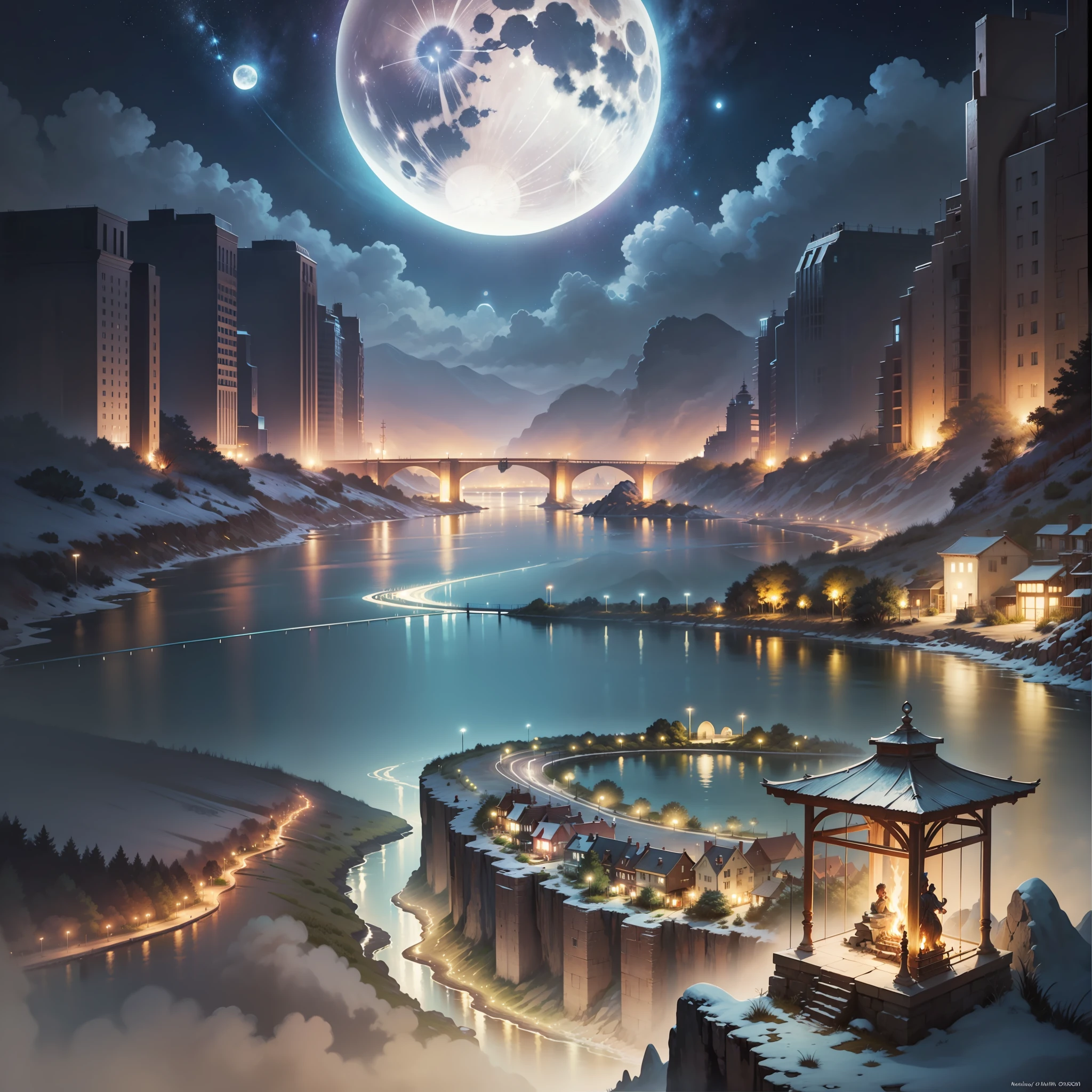 A painting of a river with stars and moon in the sky, concept art inspired by Tosa Mitsuoki, pixiv contest winner, best quality, fantasy art, beautiful anime scene, a bright moon, moonlit starry environment, dream painting, Anime Background Art, Fantasy Landscape Art, Fantasy Night, Anime Background, Background Artwork, Fantastic Art, Atmospheric Anime, Starry Sky, Detail Enhanced.