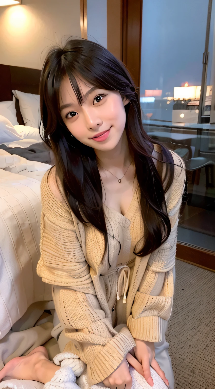 Smile、Beige sweater、A dark-haired、hotel、natta