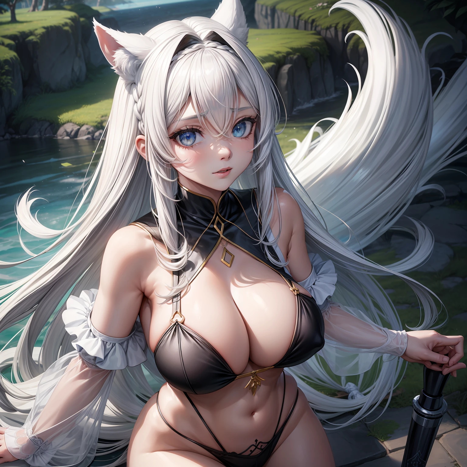 Mulher Milf madura com corpo volumoso e sedutor, bikini branco molhado, orelhas de gato, cabelo de rapunzel branco, olhos cinzentos, tits gigantescos, Busty, (nua:1.2), Forest with shrub trees, folhas caindo, chuva leve, tempestade leve, borbuletas, vento voa, vento forte(obra-prima: 1.2, melhor qualidade), (belos olhos finamente detalhados: 1.2),olho cinzento e vermelho ((Heterocromia)), (fundo detalhado, fantasia escura), (rosto bonito e detalhado), Alto contraste, (best ilumination, extremamente delicado e bonito), ((cinematiclight )), Colouring, hiperdetalhe, dramatic light, detalhes intrincados, (1 garota, sozinho, Rapunzel's white hair with cat ears and demon horns, olhos brancos e cinzentos, cabelo entre os olhos, dinamic angle), (cabelo de rapunzel branco extremamente longo), corpo volumoso com seios e busto enormes, (respingos de sangue: 1.4), luz negra rodopiante ao redor do personagem, profundidade de campo, cold, calculating expression grabbing a giant hammer ; sentada na relva com as pernas abertas enquanto agarra os seus seios enormes, destaque nas pernas e nos seios.