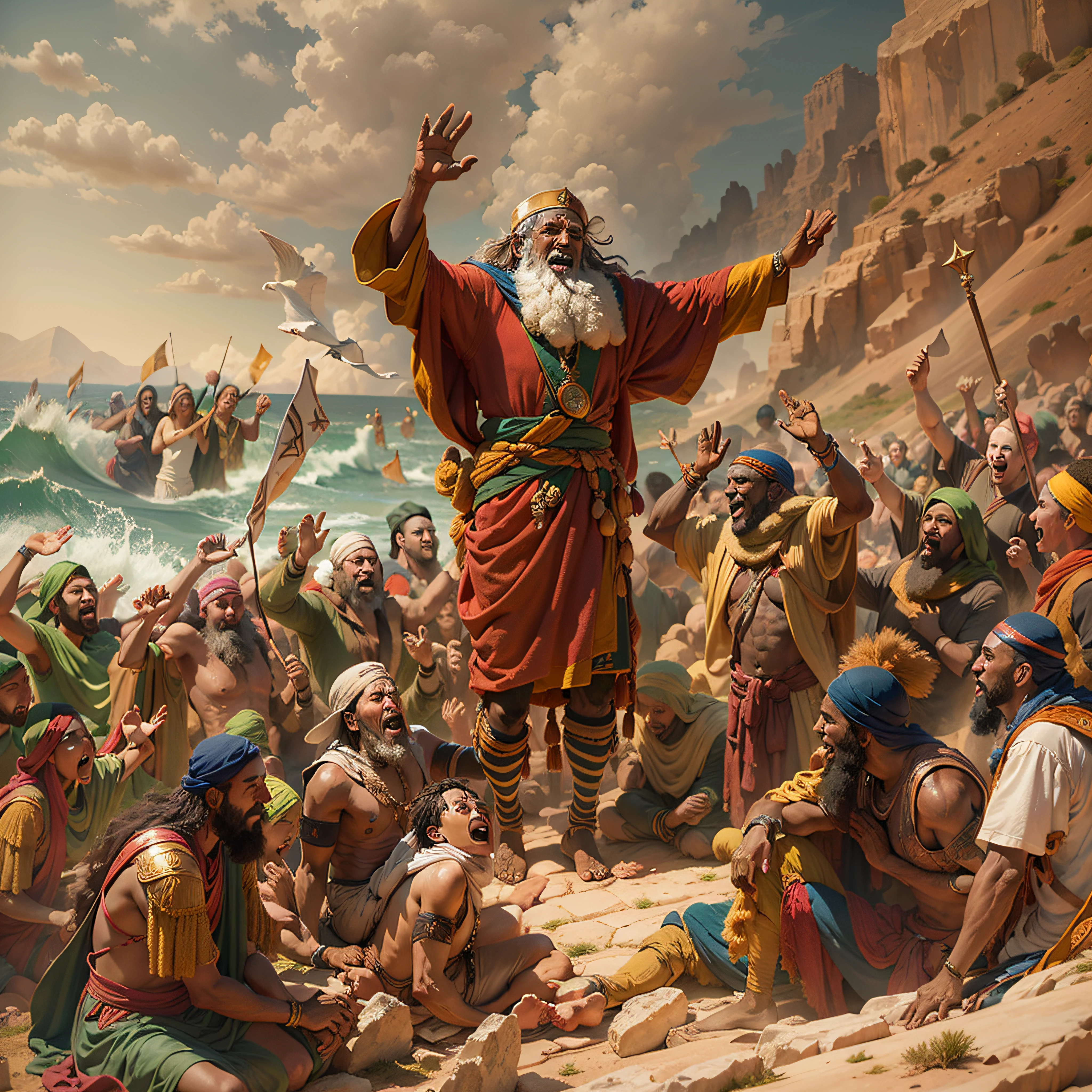 "Hebrew tribe in ecstasy and gratitude, celebration after passing through the Red Sea, triunfo e liberdade conquistada, leader Moses recognized."