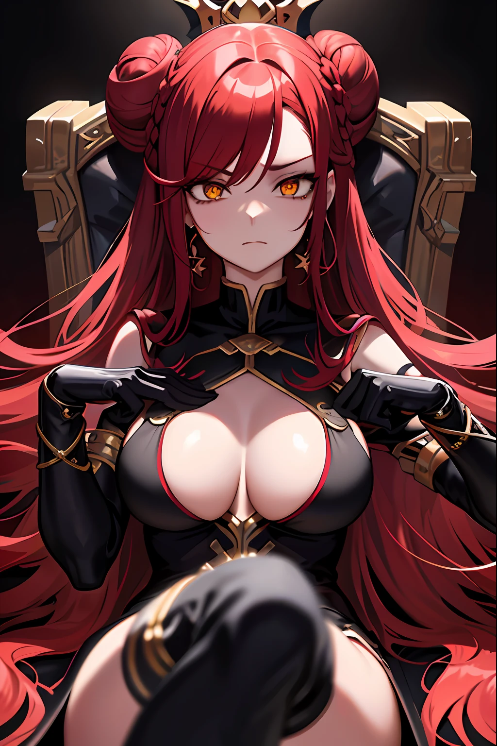 masterpiece, best quality, 1girl, long hair, big bust, very long red hair, yellow eyes, buns with braid , black dress, jewels, ruby earrings, good anatomy, red gloves, boots, heels, evil, emotionless, intimidant, bloody, detailed eyes, throne, dark background, close up, ((detailed eyes)), beautiful eyes, hair bang
