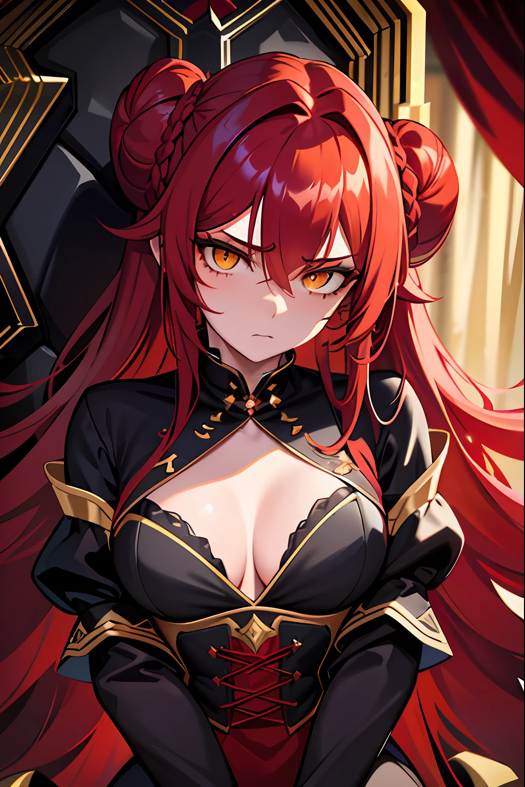 masterpiece, best quality, 1girl, long hair, big bust, very long red hair, yellow eyes, buns with braid , black dress, jewels, ruby earrings, good anatomy, red gloves, boots, heels, evil, emotionless, intimidant, bloody, detailed eyes, throne, dark background, close up, ((detailed eyes)), beautiful eyes, hair bang