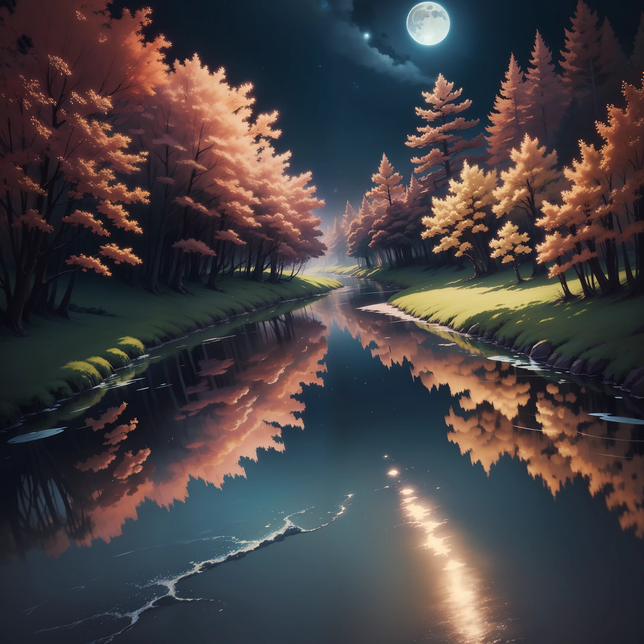 A painting of a river with stars and moon in the sky, concept art inspired by Tosa Mitsuoki, pixiv contest winner, best quality, fantasy art, beautiful anime scene, a bright moon, moonlit starry environment, dream painting, Anime Background Art, Fantasy Landscape Art, Fantasy Night, Anime Background, Background Artwork, Fantastic Art, Atmospheric Anime, Starry Sky, Detail Enhanced.