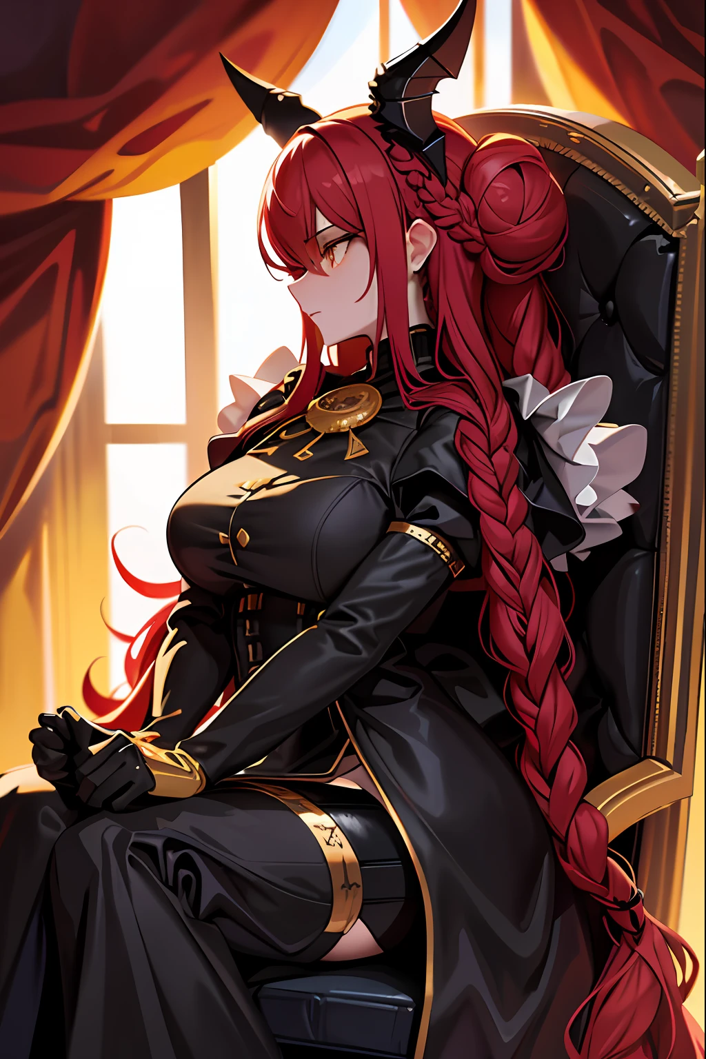 masterpiece, best quality, 1girl, long hair, big bust, very long red hair, yellow eyes, buns with braid , black dress, jewels, ruby earrings, good anatomy, red gloves, boots, heels, evil, emotionless, intimidant, bloody, detailed eyes, throne, dark background, close up, ((detailed eyes)), beautiful eyes, hair bang, profile