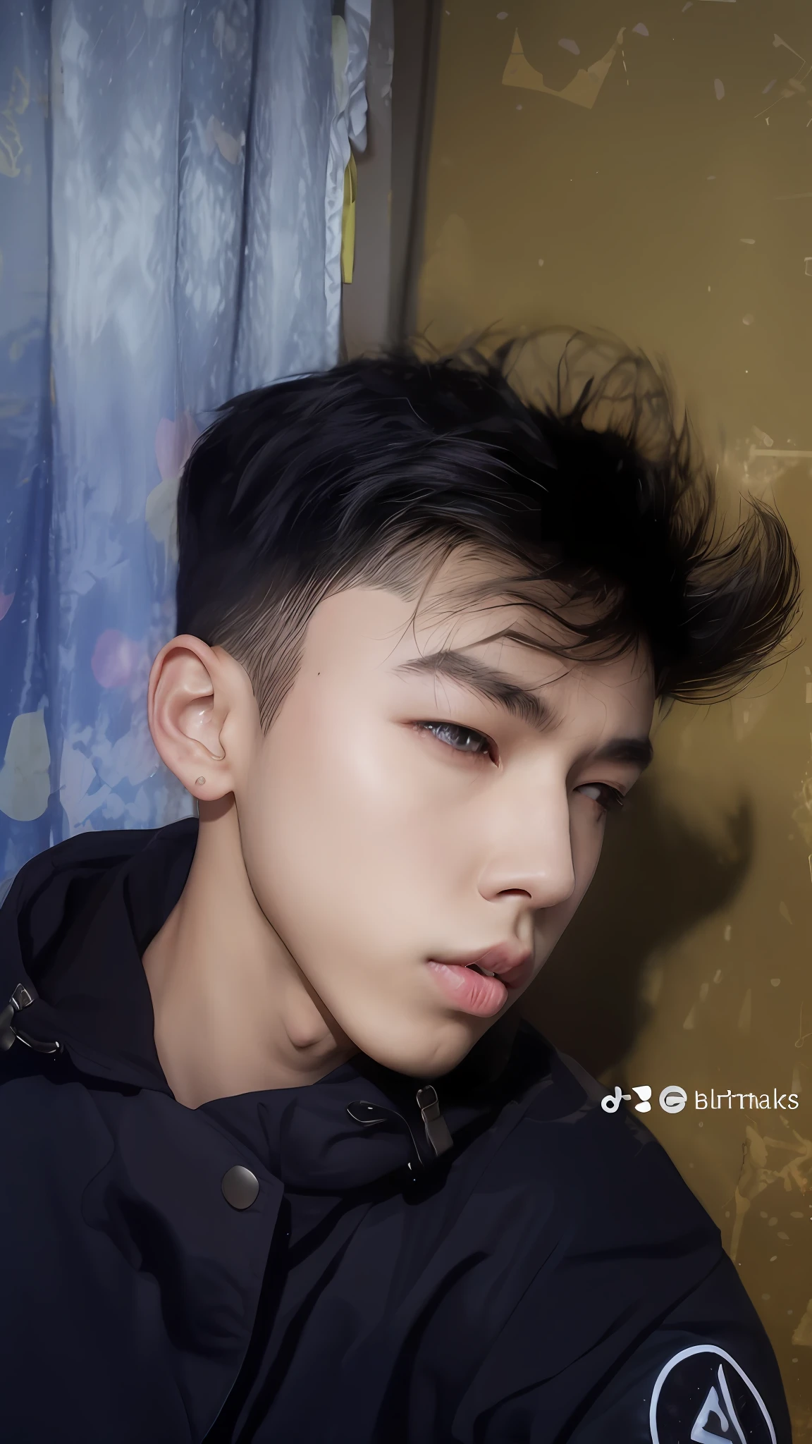 arafed asian boy with a black jacket and a black jacket, with short hair, cai xukun, from 8 k matte, male ulzzang, boy has short black hair, twink, realism artstyle, ruan cute vtuber, inspired by Bian Shoumin, sideview, with same hairstyle, profile shot, boy hair, with long hair