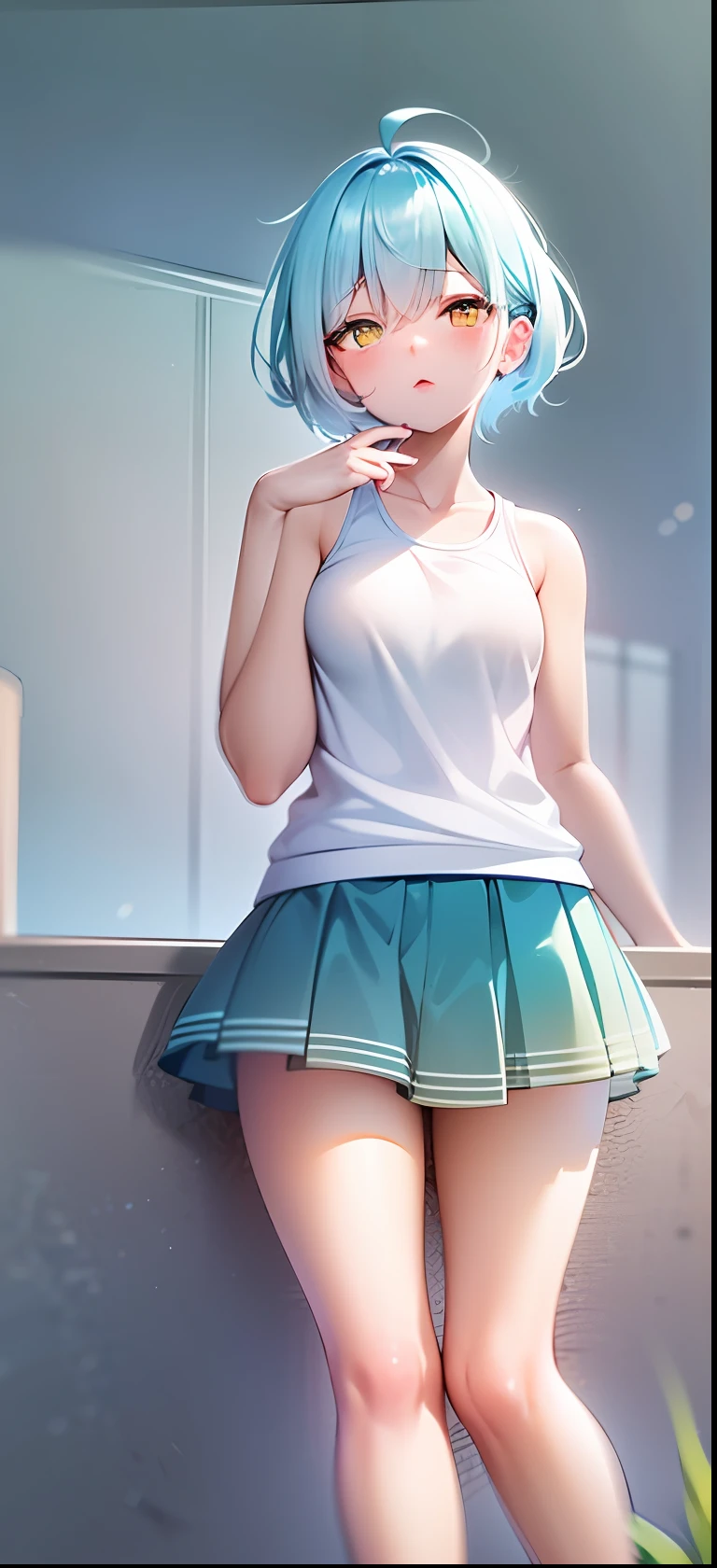 ((4k,masterpiece,best quality)),an extremely cute and beautiful girl,beautiful light blue short hair,bangs pinned back,ahoge,colored inner hair,highly detailed beautiful face and yellow eyes,cute,blush,white knit tank top,light bluemini skirt,white tone,sun light,noon,park