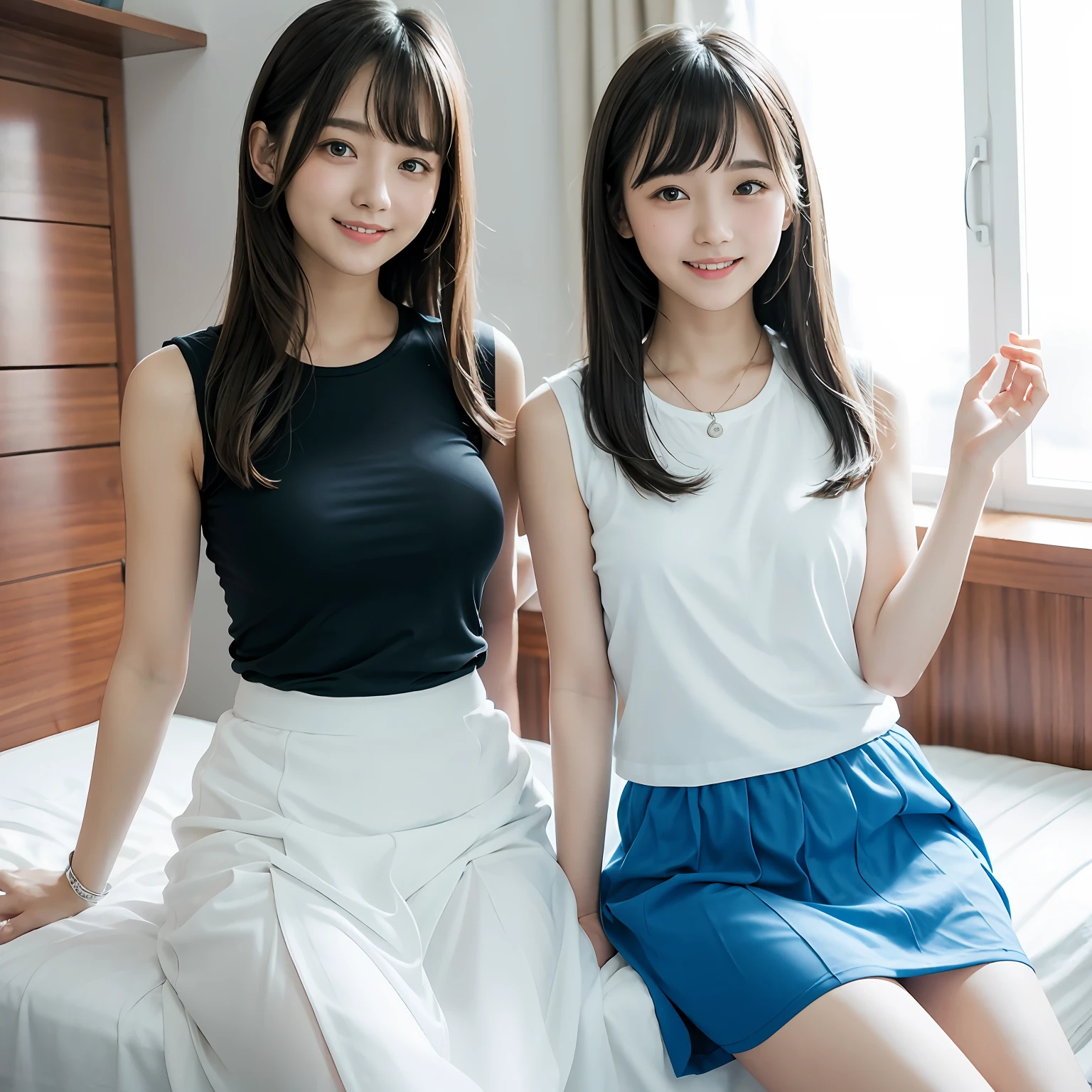 Slimming Woman Blue Sleeveless T-Shirt White Chiffon Skirt Bedroom Bangs Middle School Straight Long Hair Do Smile 1 Person Big Tits Smartphone