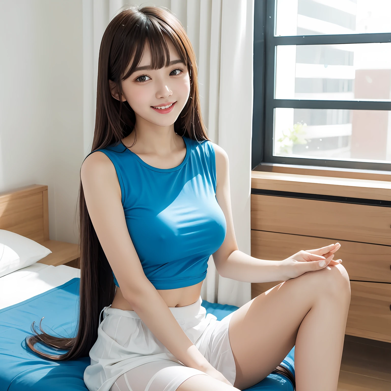 Slimming Woman Blue Sleeveless T-Shirt White Chiffon Skirt Bedroom Bangs  School Straight Long Hair Do Smile 1 Person Big Tits Smartphone