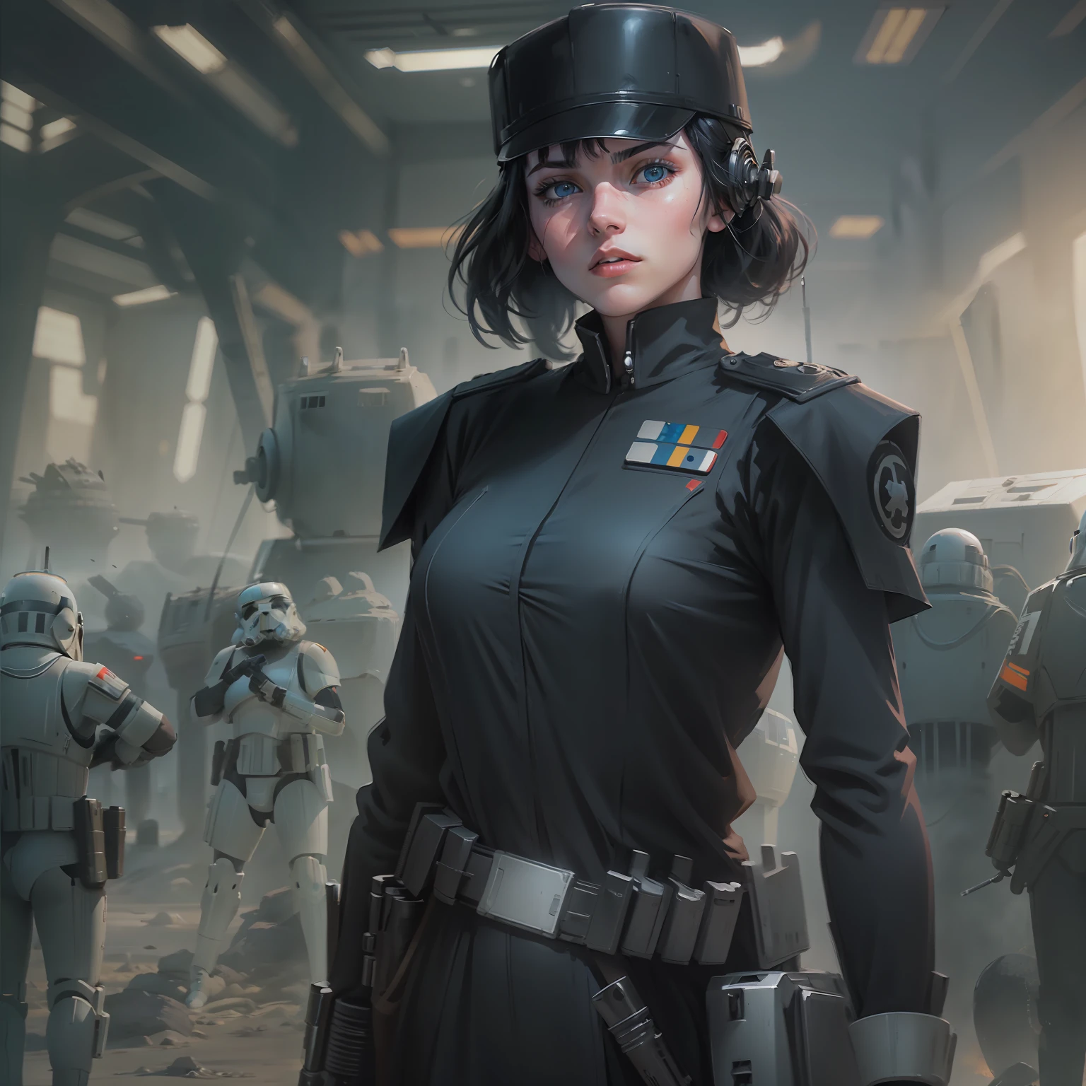 One Star Wars female imperial officer in black imperial uniform, around 21 years old, black hair, medium lenght hair, pale skin, blue eyes. Holding a blaster pistol. Battle in the background.