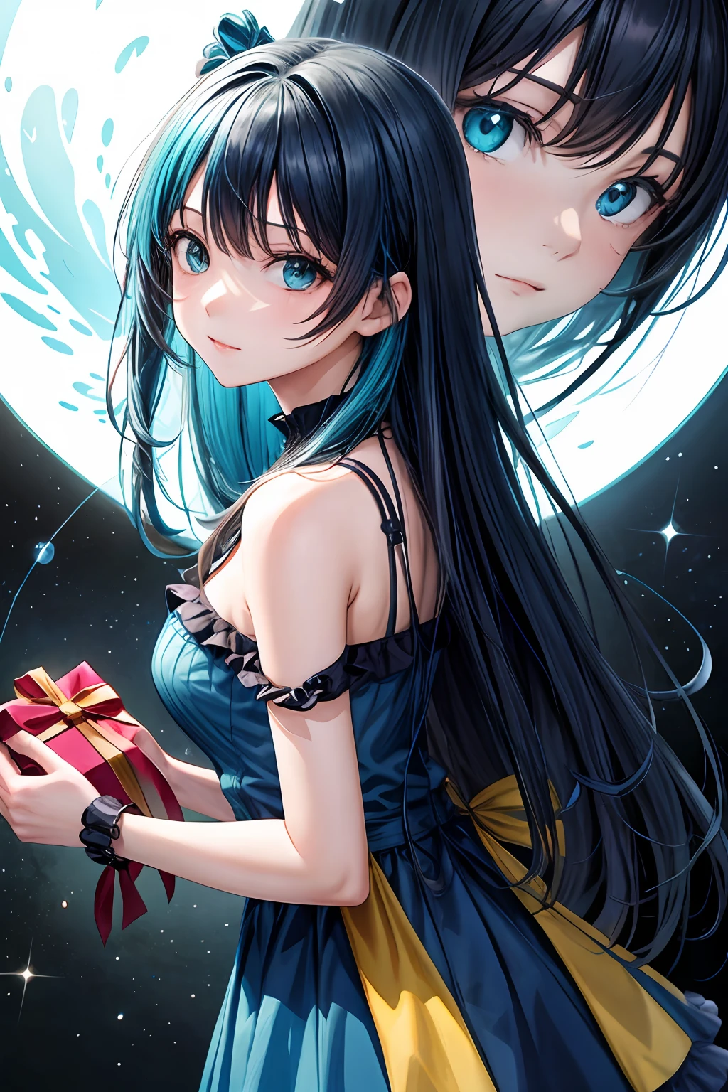 anime girl holding gift box in her hand, best anime 4k konachan wallpaper, mikudayo, anime girl with teal hair, high detail official artwork, android heroine, portrait anime space cadet girl, anime art wallpaper 8 K, anime art wallpaper 4 K, anime art wallpaper 4k, anime wallpaper 4k, anime wallpaper 4k, all fours, bare shoulders