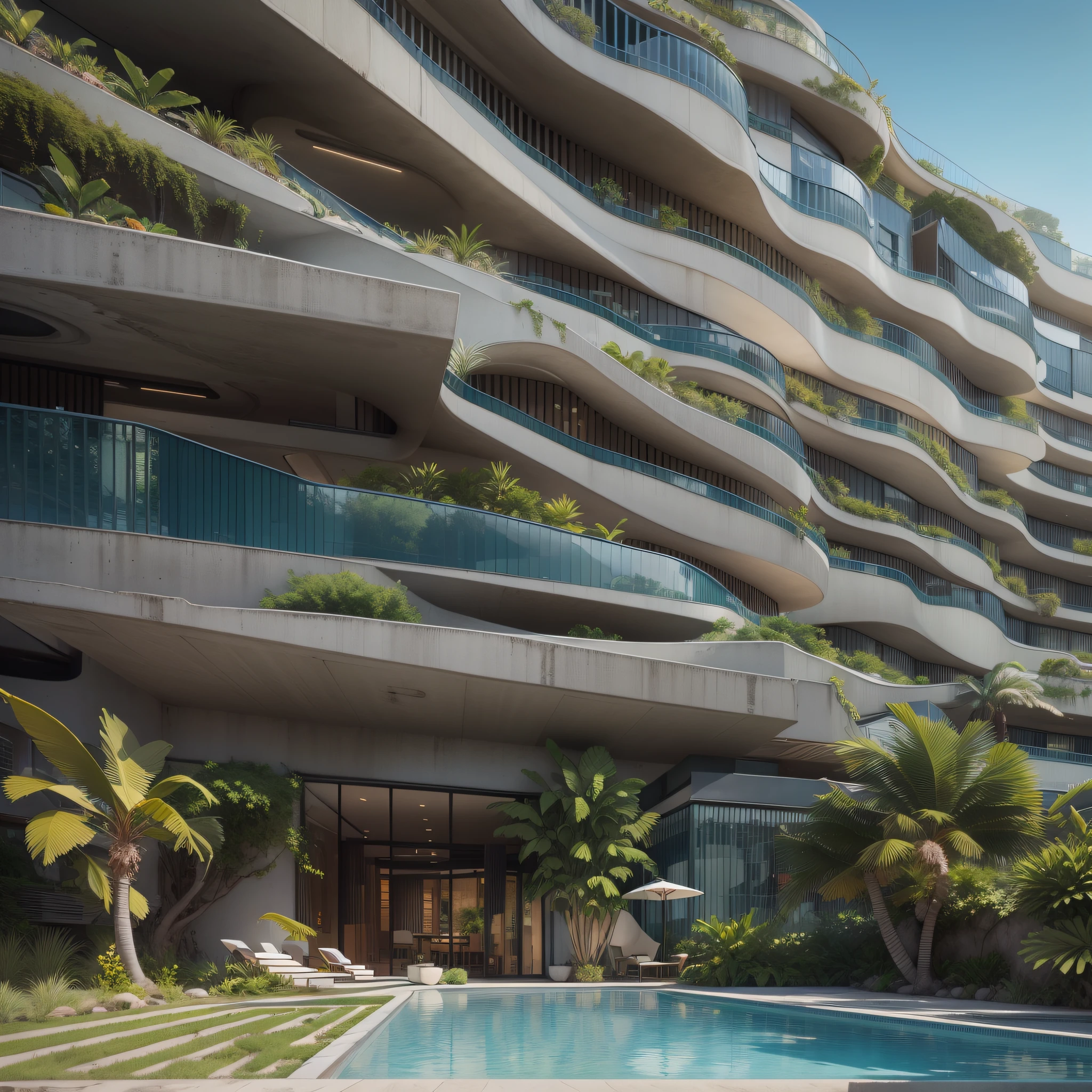Grande hotel, Arquitetura futurista, building in the background, Architecture of a dark gray concrete building, madeira e vidro, Building with large lawn on the beach, Arquitetura moderna, grande piscina em frente ao hotel, restaurante interior com grandes fachadas em vidro, grandes candeeiros no interior, lots of vegetation around, hotel  com 120 quartos, Arquitetura moderna, organic architecture, Geometria luxuosa, hiper-realista, Fantastic 8K architecture, UHD — AR 16: