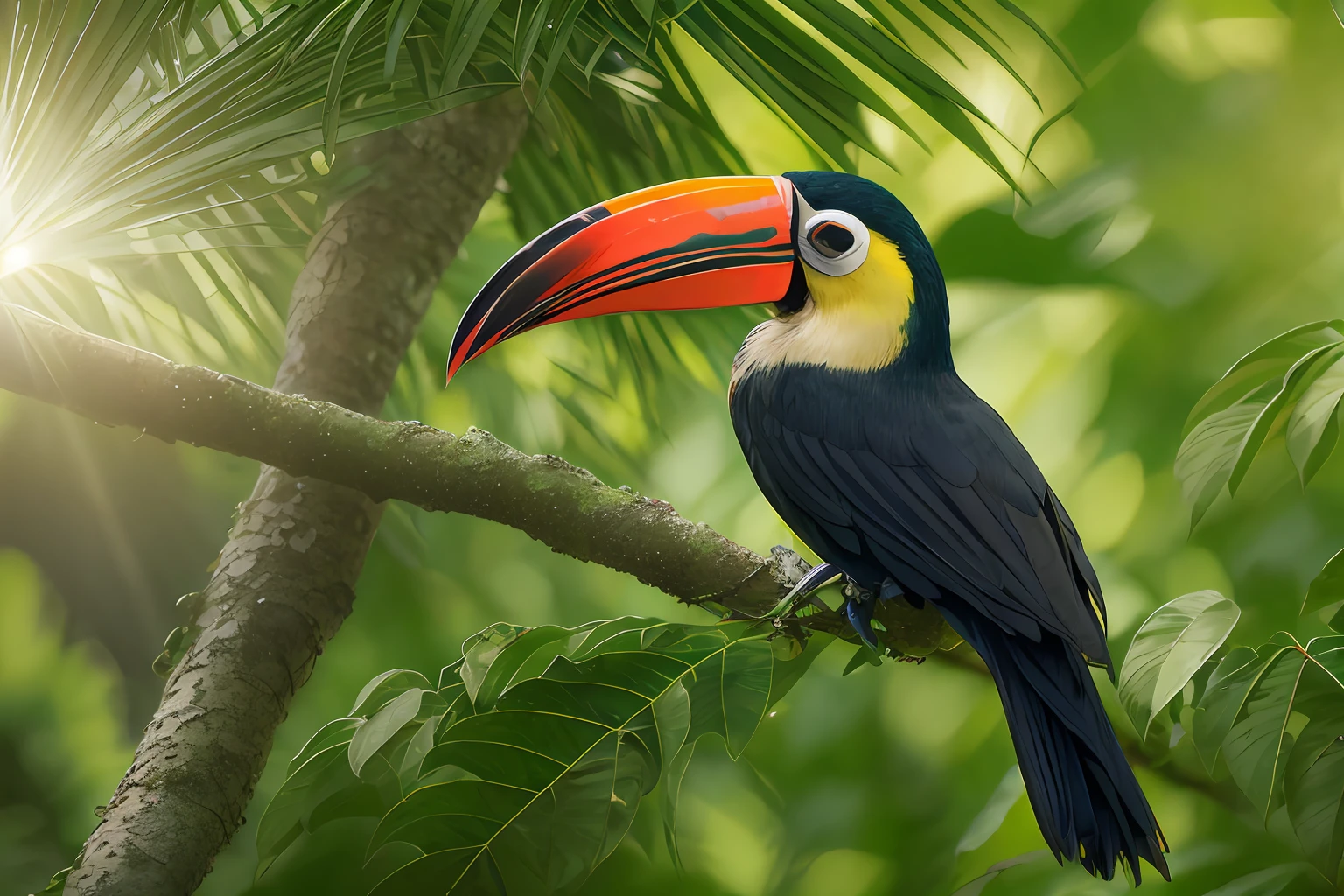 Tropical jungle in Salta, Argentina. Close up of a toucan on a branch covered with vines, exuberant vegetation. Rays of solar light filtering through the vegetation.