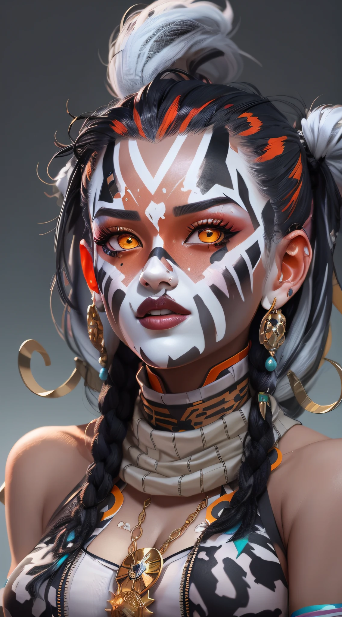 a close up of a woman with a painted face and a necklace, trending on artstation 4k, trending on artstation:3, inspired by rossdraws, loba andrade from apex legends, trending on artstation hd, rossdraws 1. 0, trending on artstation hq, rossdraws digital painting, rossdraws 2. 0, rossdraws portrait