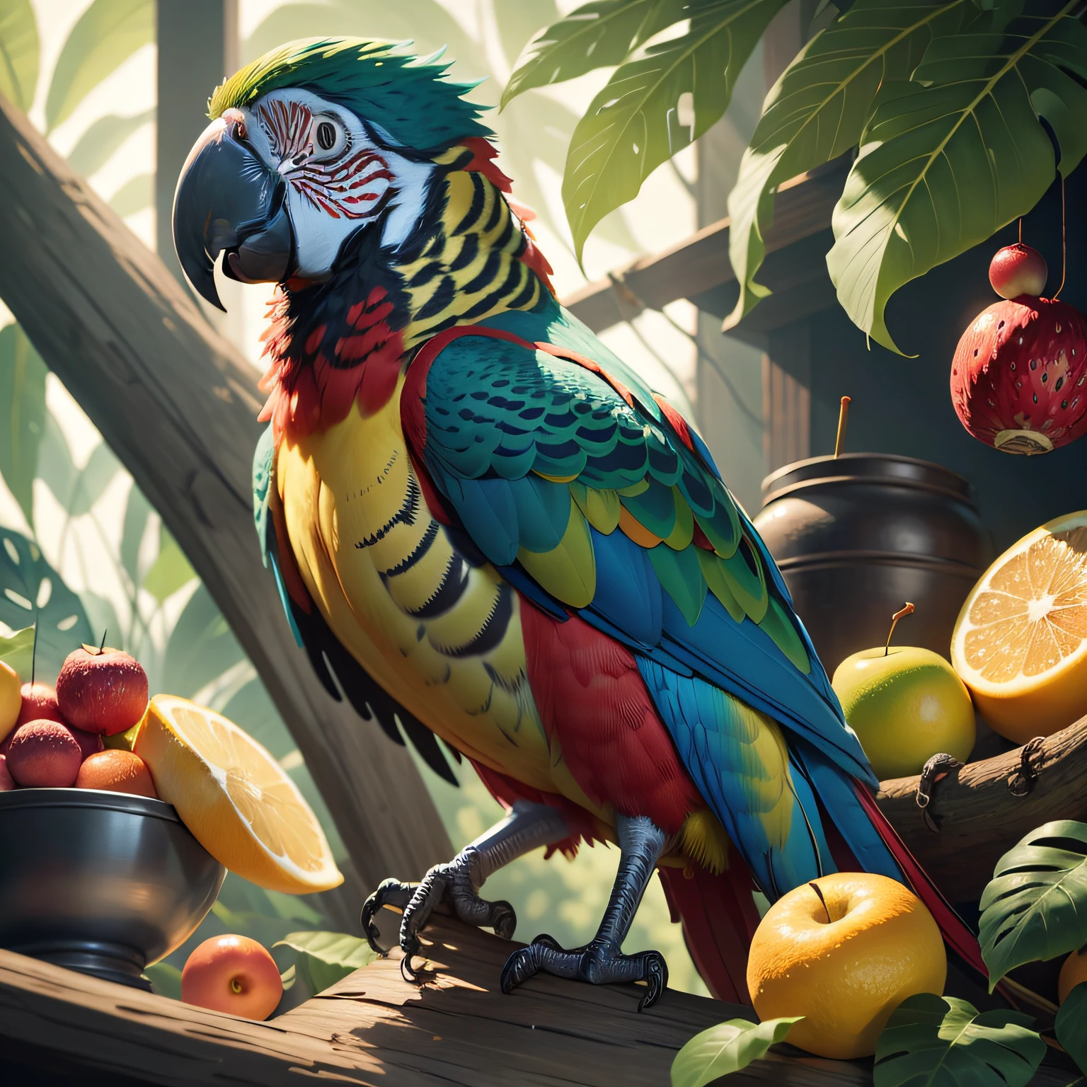 there is a parrot sitting on a branch next to a bowl of fruit, colorful hd picure, detailed painting 4 k, fruit and feathers, beautiful art uhd 4 k, 4k highly detailed digital art, amazing wallpaper, parrot, beautiful wallpaper, high quality wallpaper, 8k high quality detailed art, hd digital painting, beautiful digital artwork, digital painting highly detailed