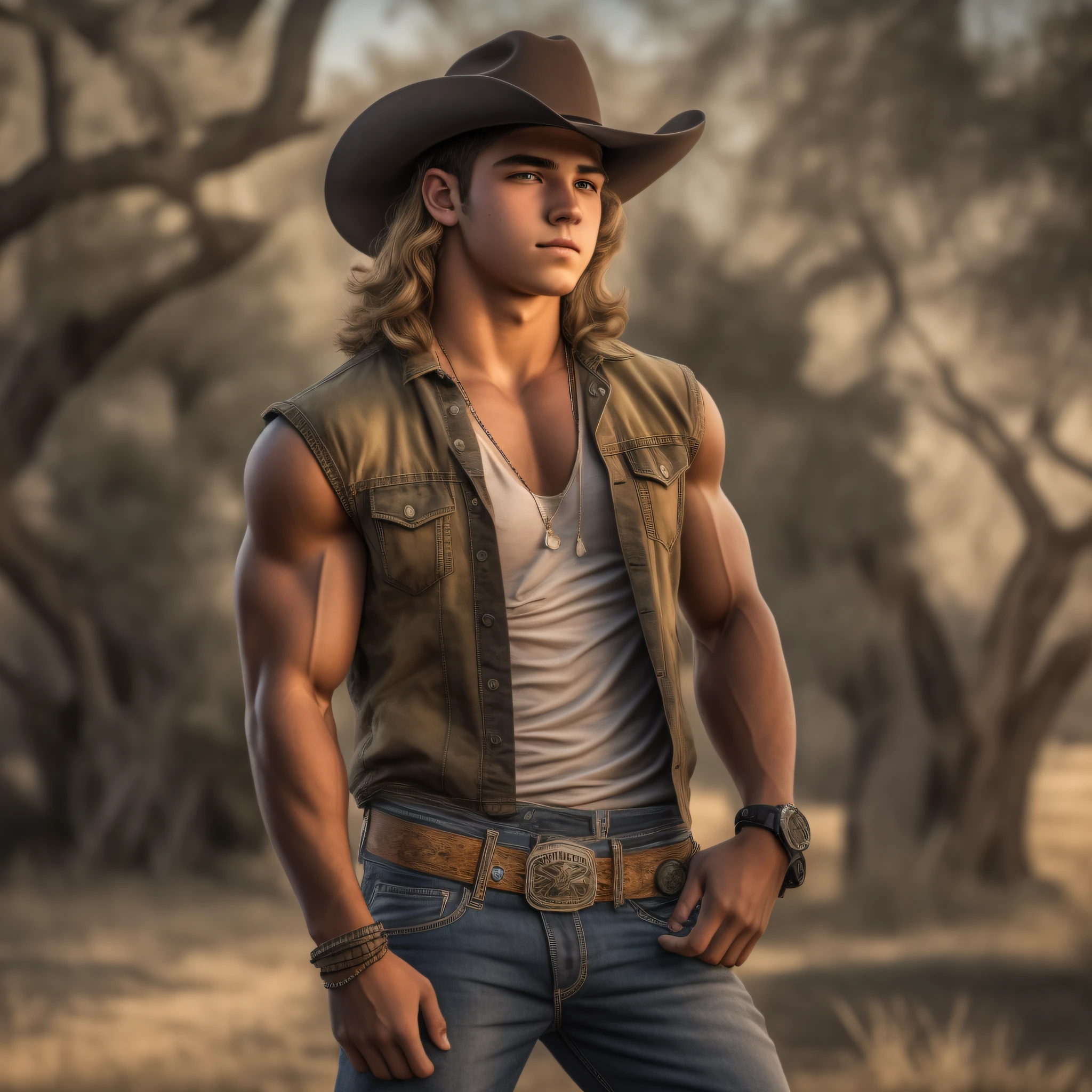 An 18-year-old boy musclgod, embodying the perfect fusion of Joey Lawrence and Cody Calafiore with long hair, exuding an aura of strength and confidence. Enhanced with HDR technology, this image depicts a true masterpiece, 4K resolution, cowboy shot